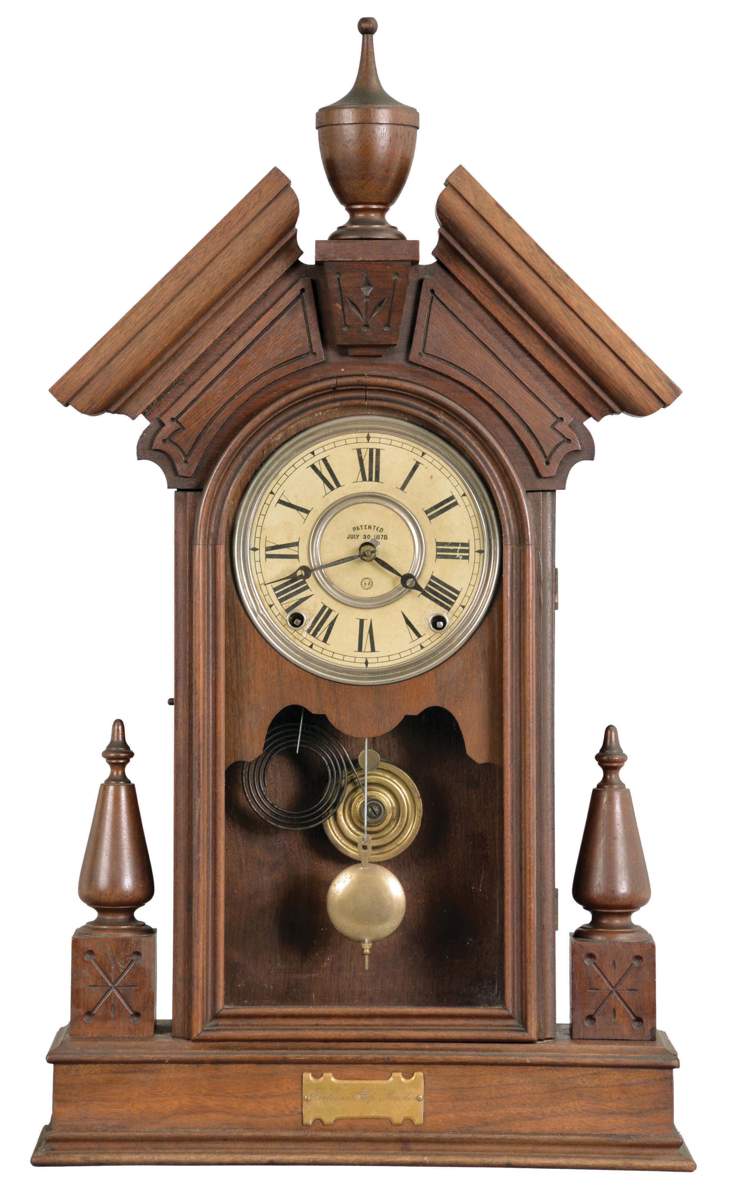 Seth Thomas Clock Co., Thomaston, Conn., unidentified shelf clock with a spring driven, 8 day, time and strike lyre movement in a walnut case. — Antique Clocks Price Guide