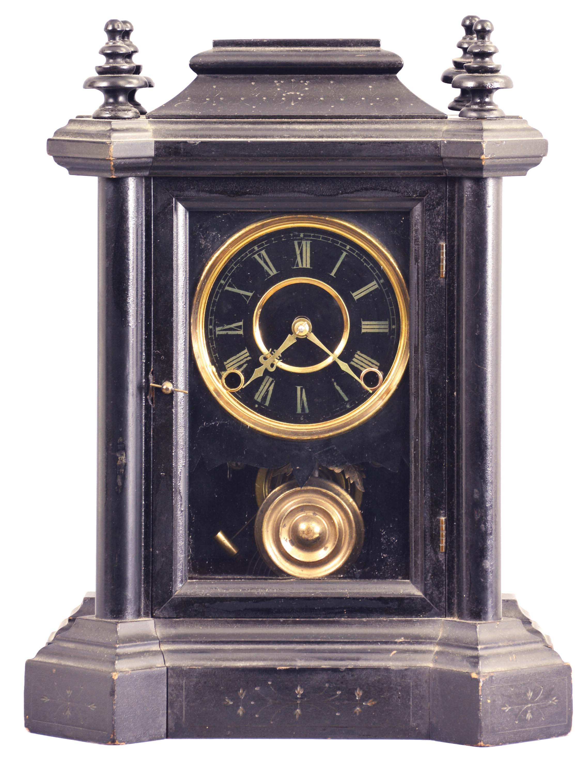 E. Ingraham &amp; Co., Bristol, Conn., "Domino", 8 day, time and strike, spring brass movement black mantel clock. — Antique Clocks Price Guide