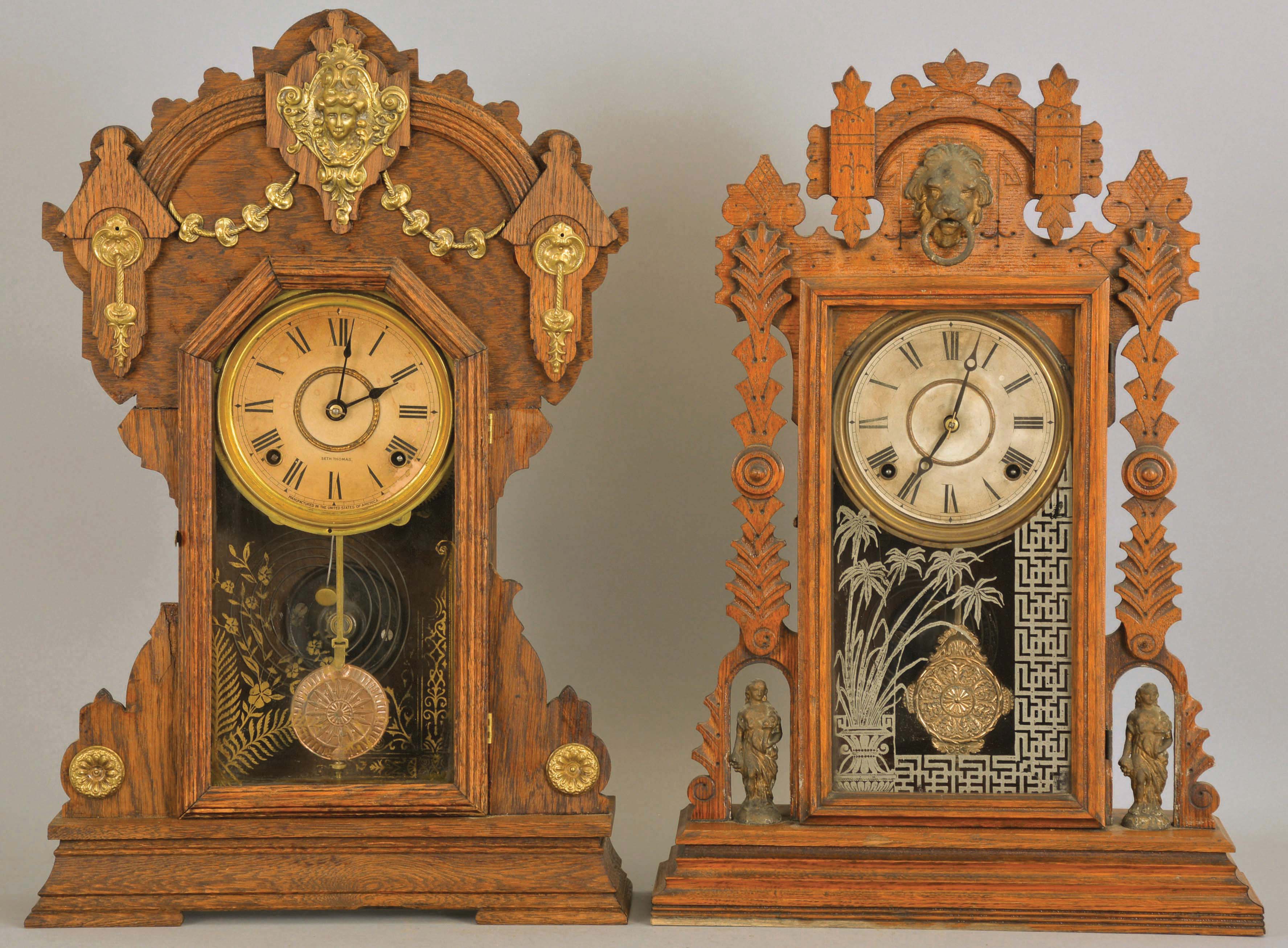 Clocks- 2 (Two): (1) Seth Thomas Clock Co., Thomaston, Conn., 8 day, time and strike, spring brass movement shelf clock. We could not find this model in the catalog, but was a premium series adapted from the applied brasses series, c1900; (2) E. Ingraham &amp; Co., Bristol, Conn., "Shekel", 8 day, time and strike, spring brass movement shelf clock, c1891 — Antique Clocks Price Guide