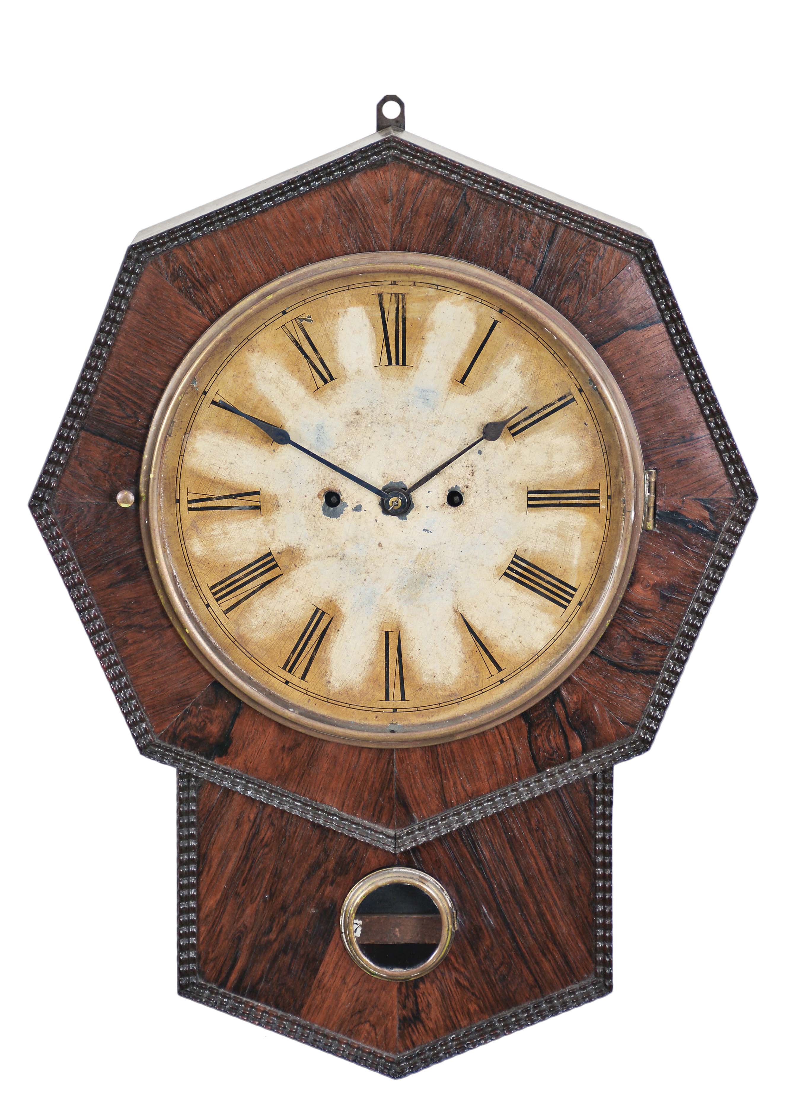 Atkins, Whiting &amp; Co. Bristol, Conn., 30 day, wagon spring brass and iron wheel type II movement with roller verge ripple molding drop octagon wall timepiece. — Antique Clocks Price Guide