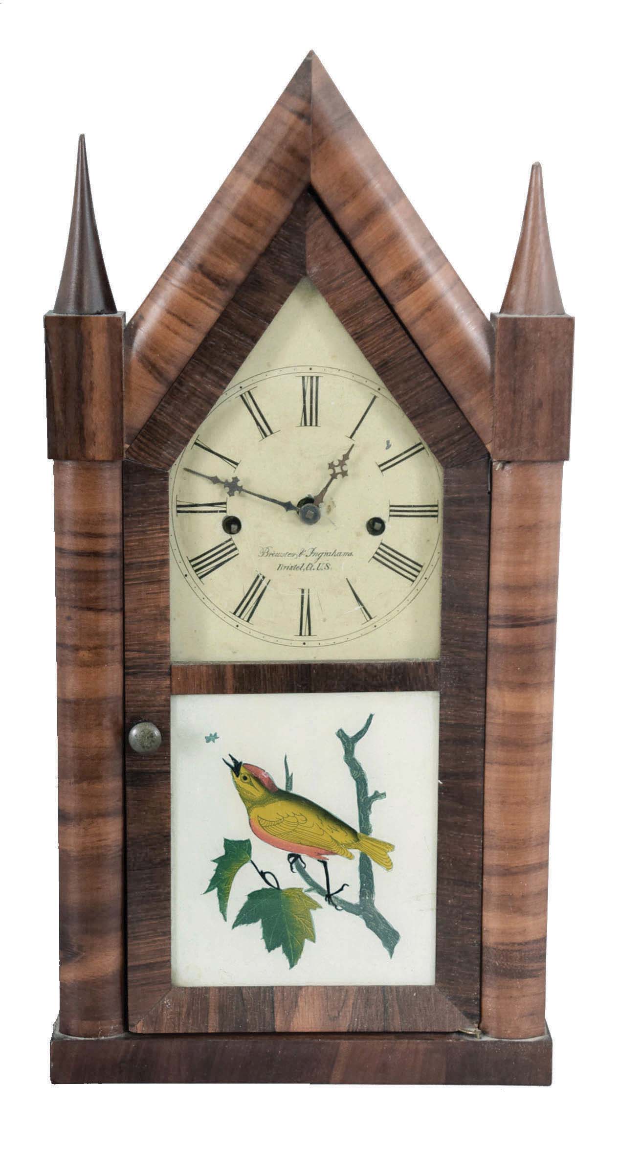 Brewster &amp; Ingrahams, Bristol, Conn., "Sharp Gothic" shelf clock with a spring driven 30 hour time and strike fusee movement in a mahogany veneered case. — Antique Clocks Price Guide