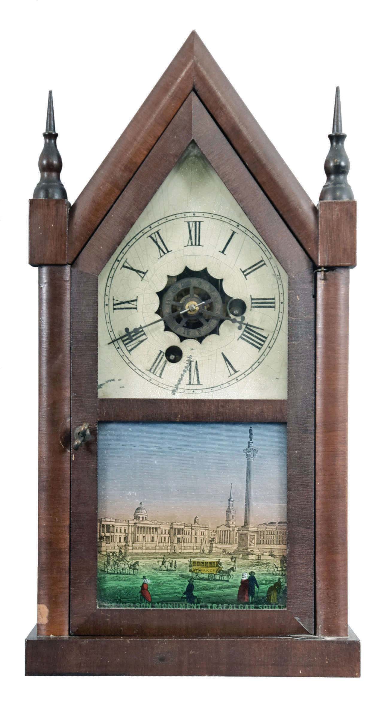 E. N. Welch Mfg. Co., Forestville, Conn. miniature steeple shelf clock with a spring driven 30 hour time and alarm movement in a mahogany veneered case. — Antique Clocks Price Guide