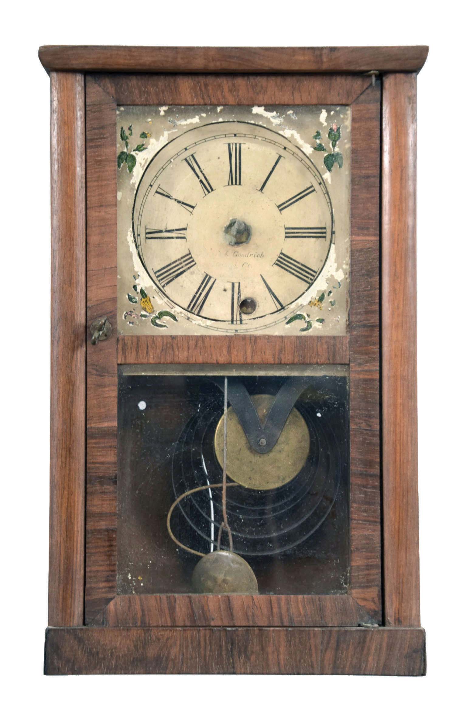 Smith (Samuel B.) &amp; Goodrich (Chauncey), Bristol, Conn. miniature empire shelf clock with a spring driven, 8 day fusee timepiece movement in a rosewood veneered case. — Antique Clocks Price Guide