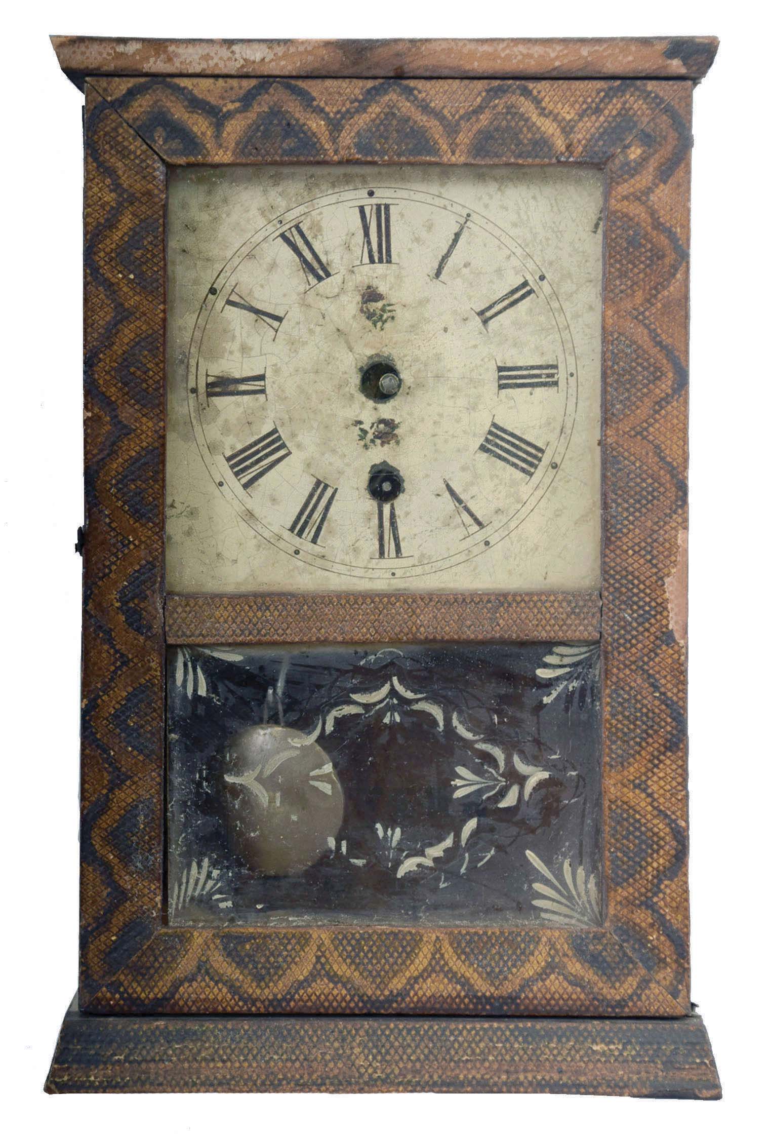 Silas B. Terry, Terryville, Conn., miniature shelf clock with spring driven 30 hour ladder timepiece movement in a decorative paper covered case, — Antique Clocks Price Guide