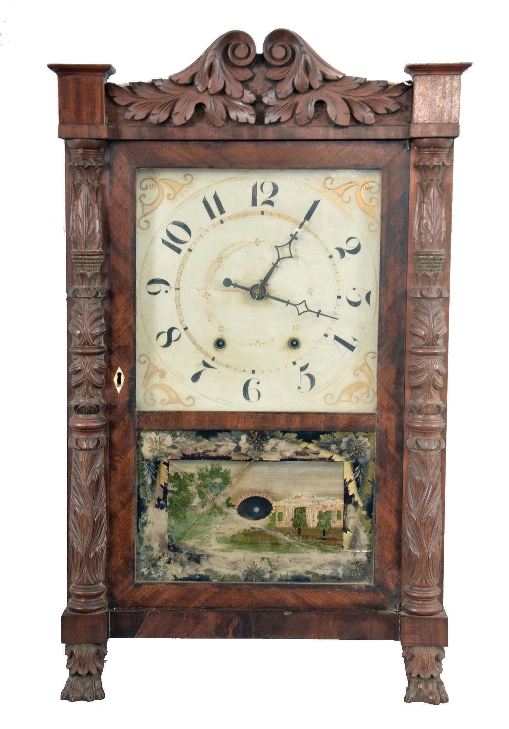 Mark Leavenworth &amp; Son, Waterbury, Conn., 30 hour, time and strike, weight wood movement in short carved column &amp; splat shelf clock case. — Antique Clocks Price Guide