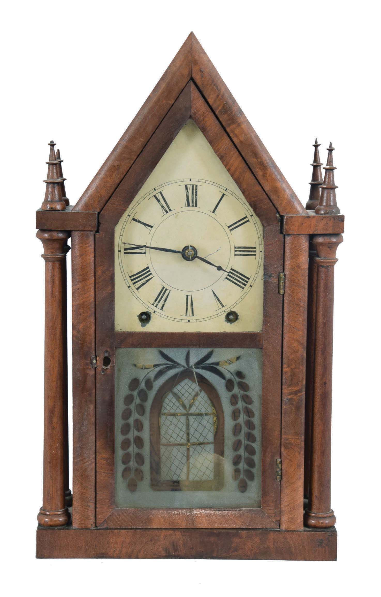 Brewster &amp; Ingrahams, Bristol, Conn. (sold by Daniel Pratt &amp; Sons), Four Column Sharp Gothic shelf clock with a (brass) spring driven, 8 day, time and strike movement in a mahogany veneered case — Antique Clocks Price Guide