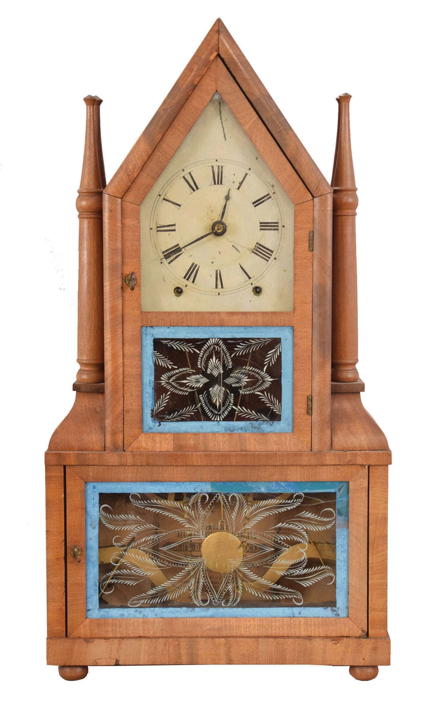 Birge &amp; Fuller, Bristol, Conn. Steeple on Frame with Candle Finials shelf clock with an wagon spring driven, 8 day, time and strike movement. — Antique Clocks Price Guide