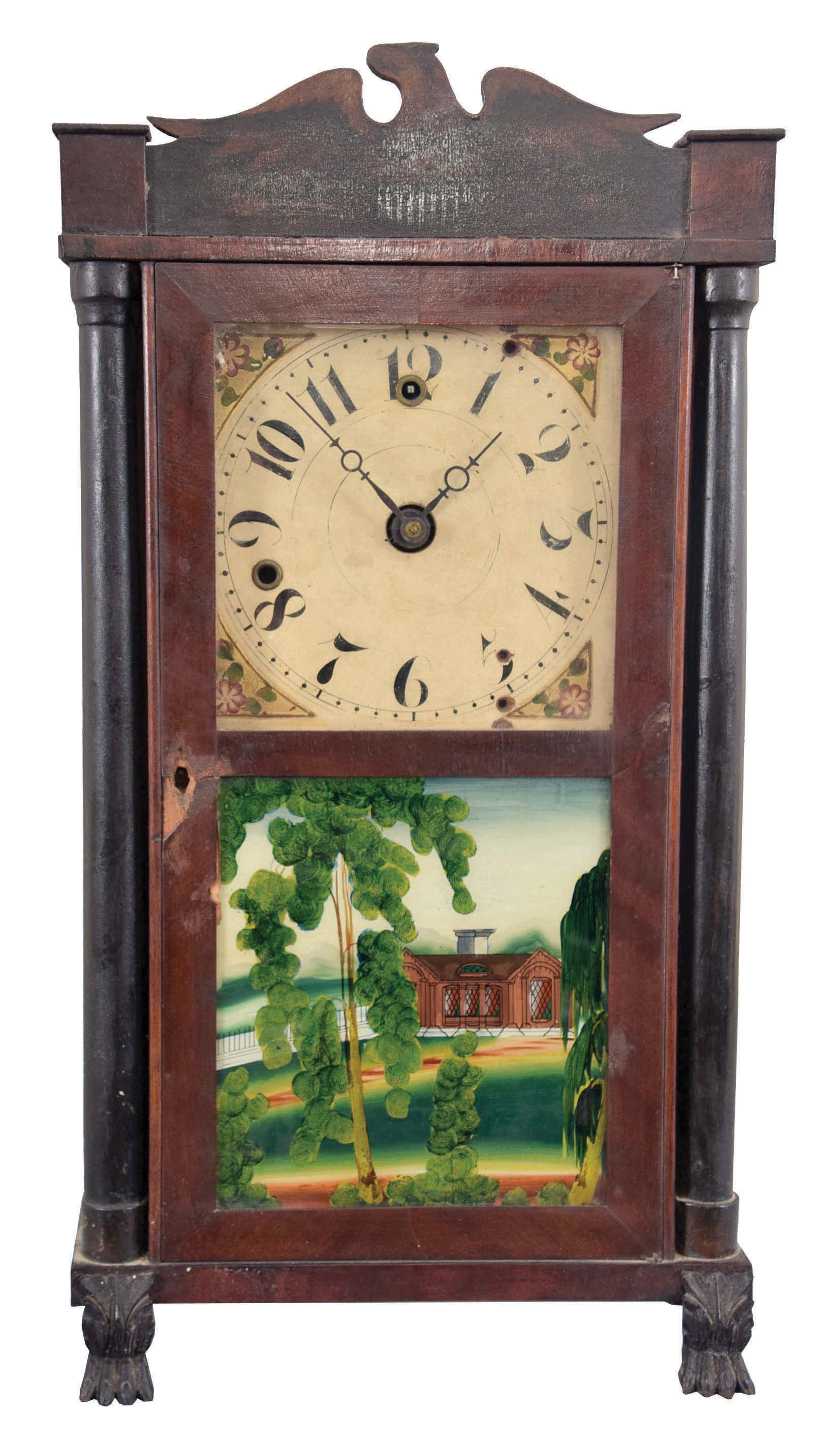 Silas Hoadley, Plymouth, Conn., 30 hour, time and alarm miniature column &amp; splat shelf clock. — Antique Clocks Price Guide