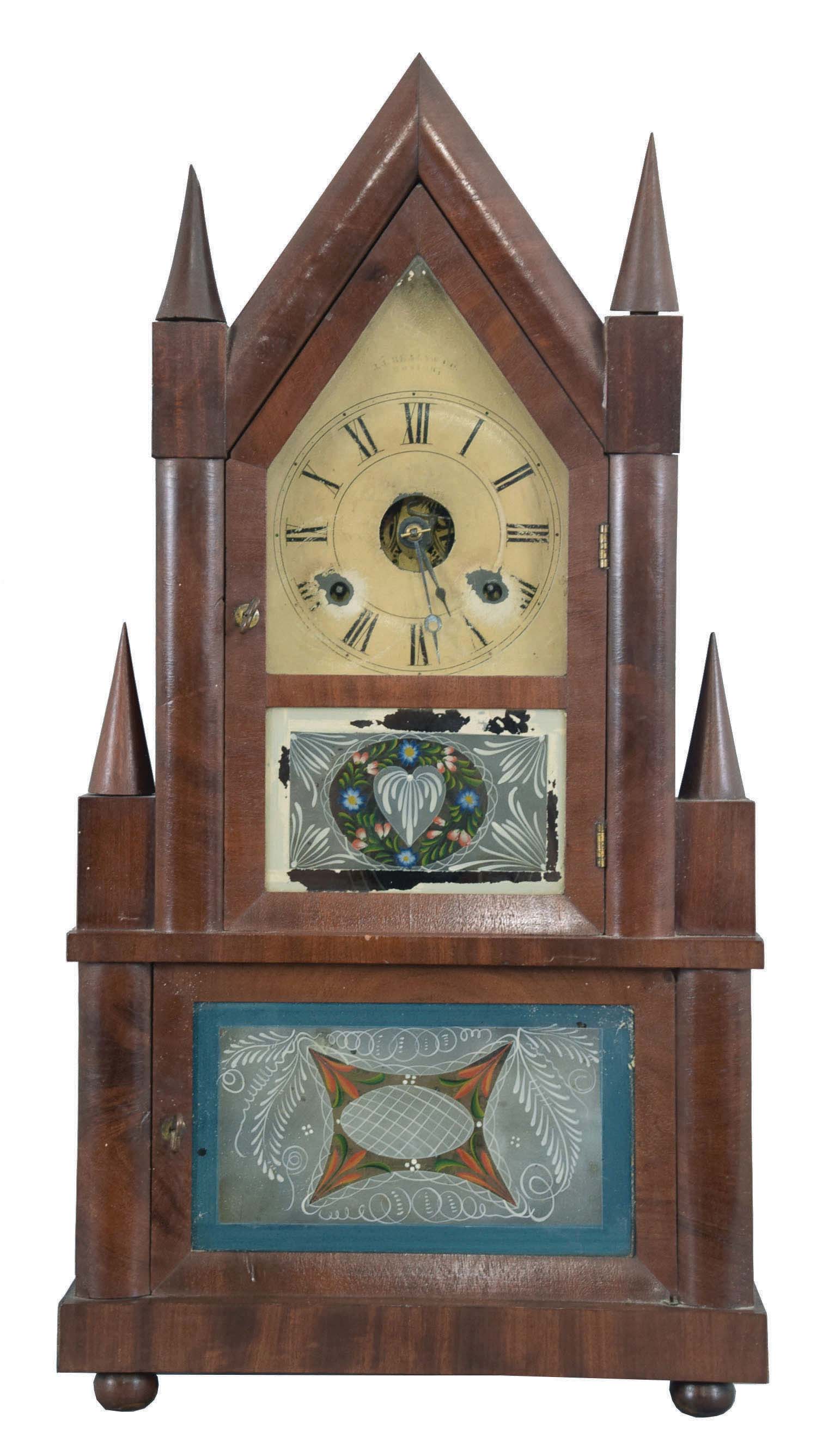 Birge &amp; Fuller, Bristol, Conn., (sold by J. J. Beals, Boston) steeple on frame shelf clock with a wagon spring driven 30 hour time and strike movement in a mahogany veneered case. — Antique Clocks Price Guide