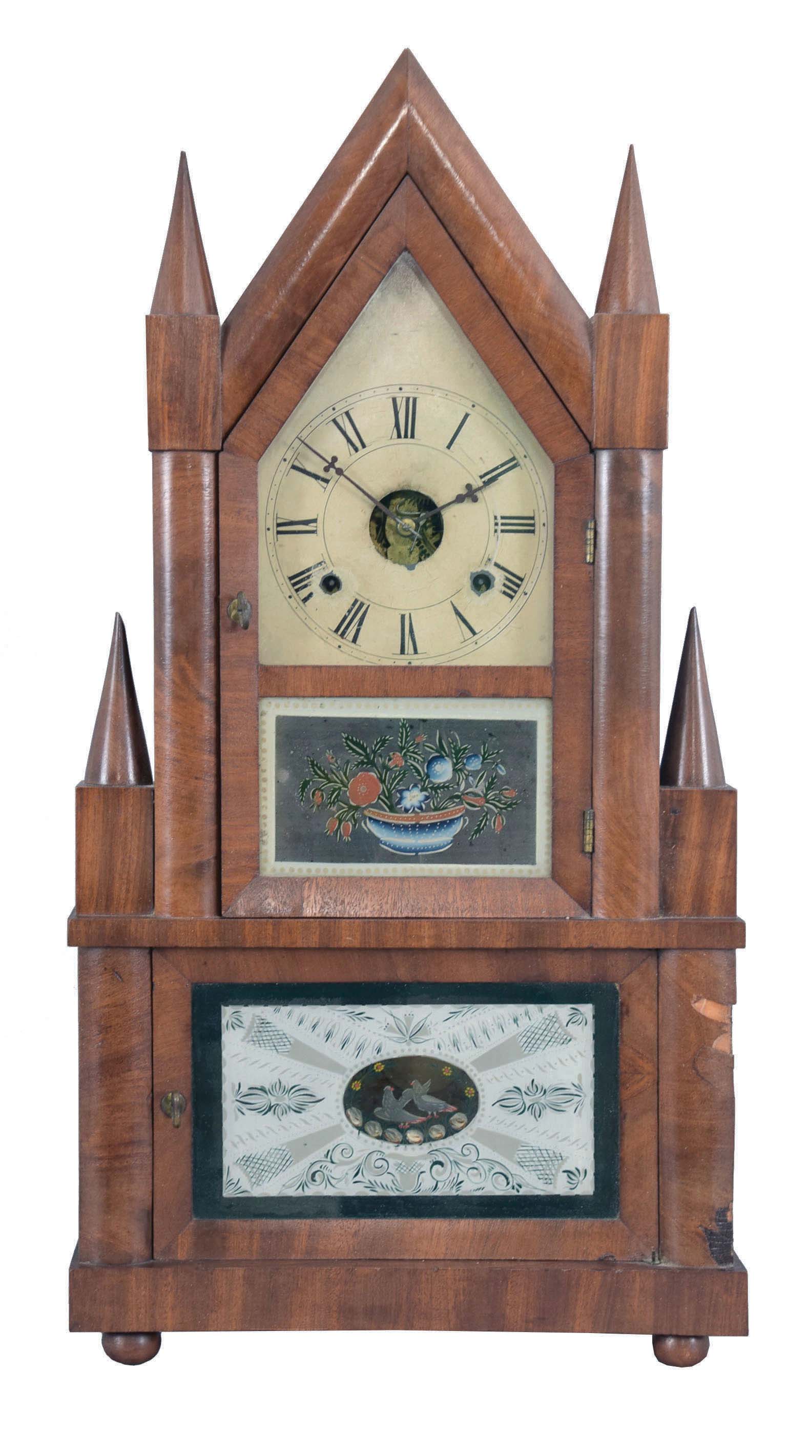 Birge &amp; Fuller, Bristol, Conn., (sold by J. J. &amp; W. Beals, Boston) steeple on frame shelf clock with a wagon spring driven 30 hour time and strike movement in a mahogany veneered case. — Antique Clocks Price Guide