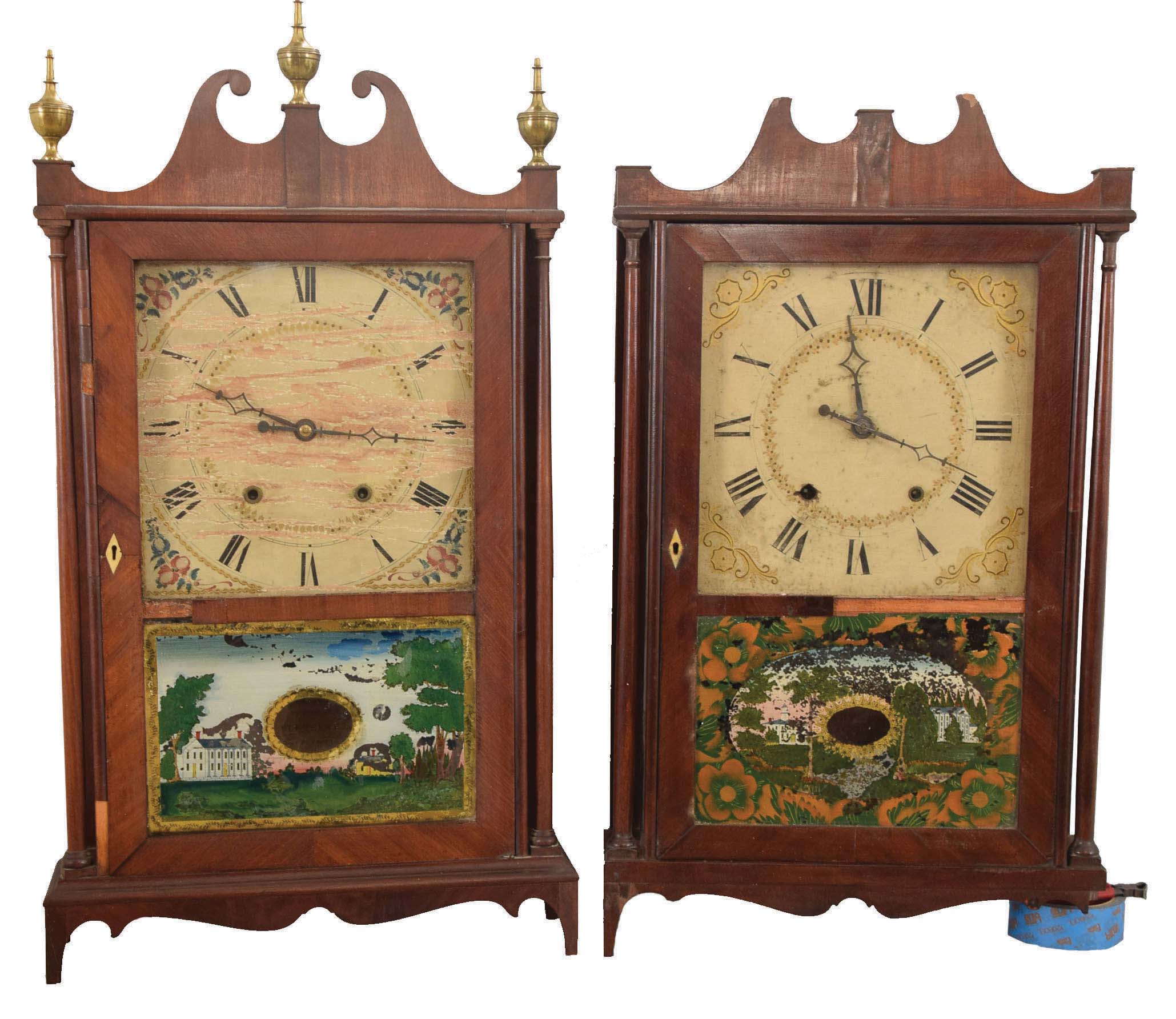 Clocks- 2 (Two): (1) Ephraim Downs, Bristol, Conn., 30 hour, time and strike, weight wood movement pillar &amp; scroll shelf clock; (2) E. Terry &amp; Sons, Plymouth, Conn. 30 hour, time and strike, weight wood movement pillar &amp; scroll shelf clock. — Antique Clocks Price Guide
