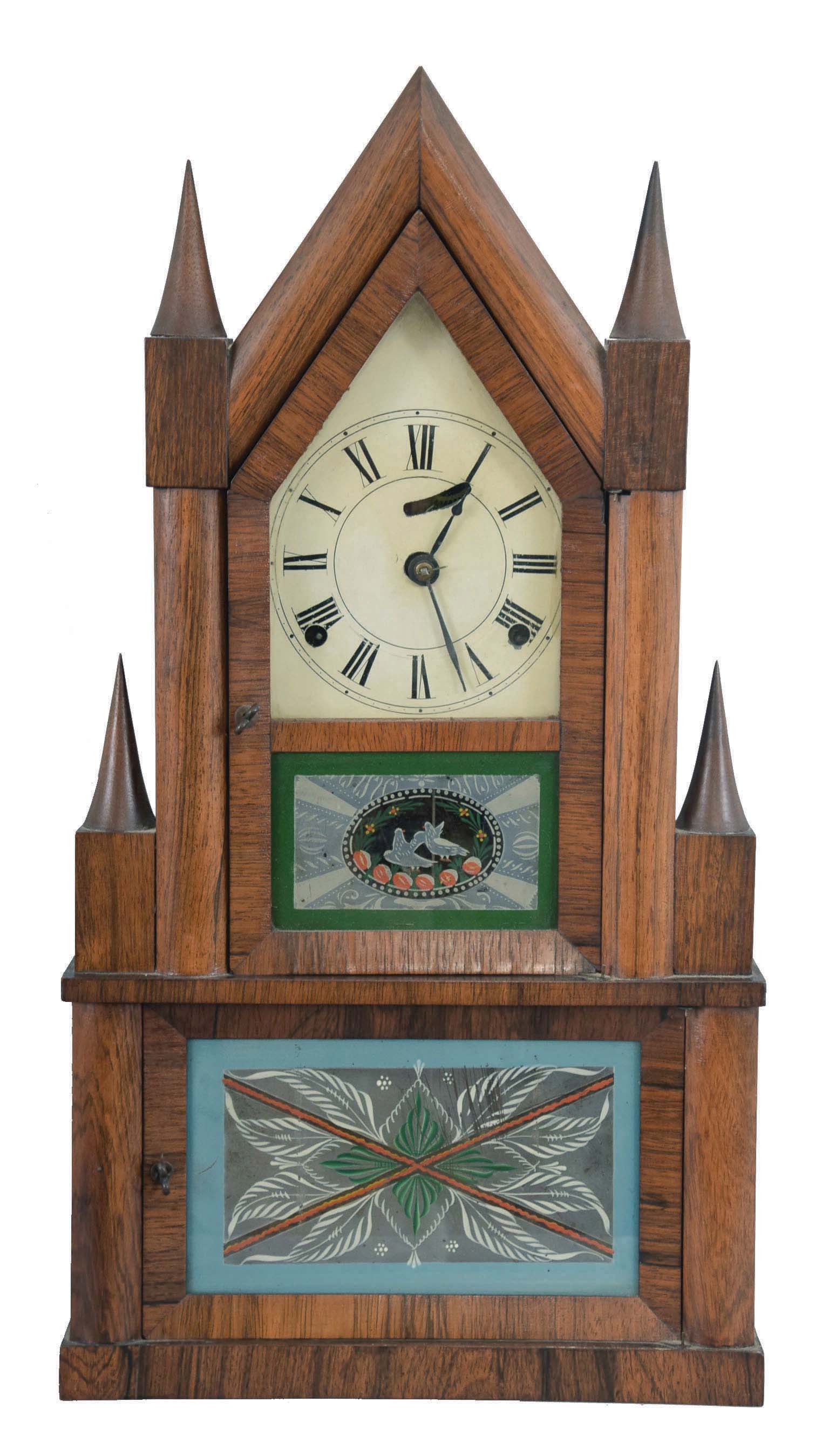 Elisha Manross, Bristol, Conn. steeple on frame shelf clock with an 8 day fusee time and strike Ives-style rivited strap brass movement in a rosewood veneered case. — Antique Clocks Price Guide