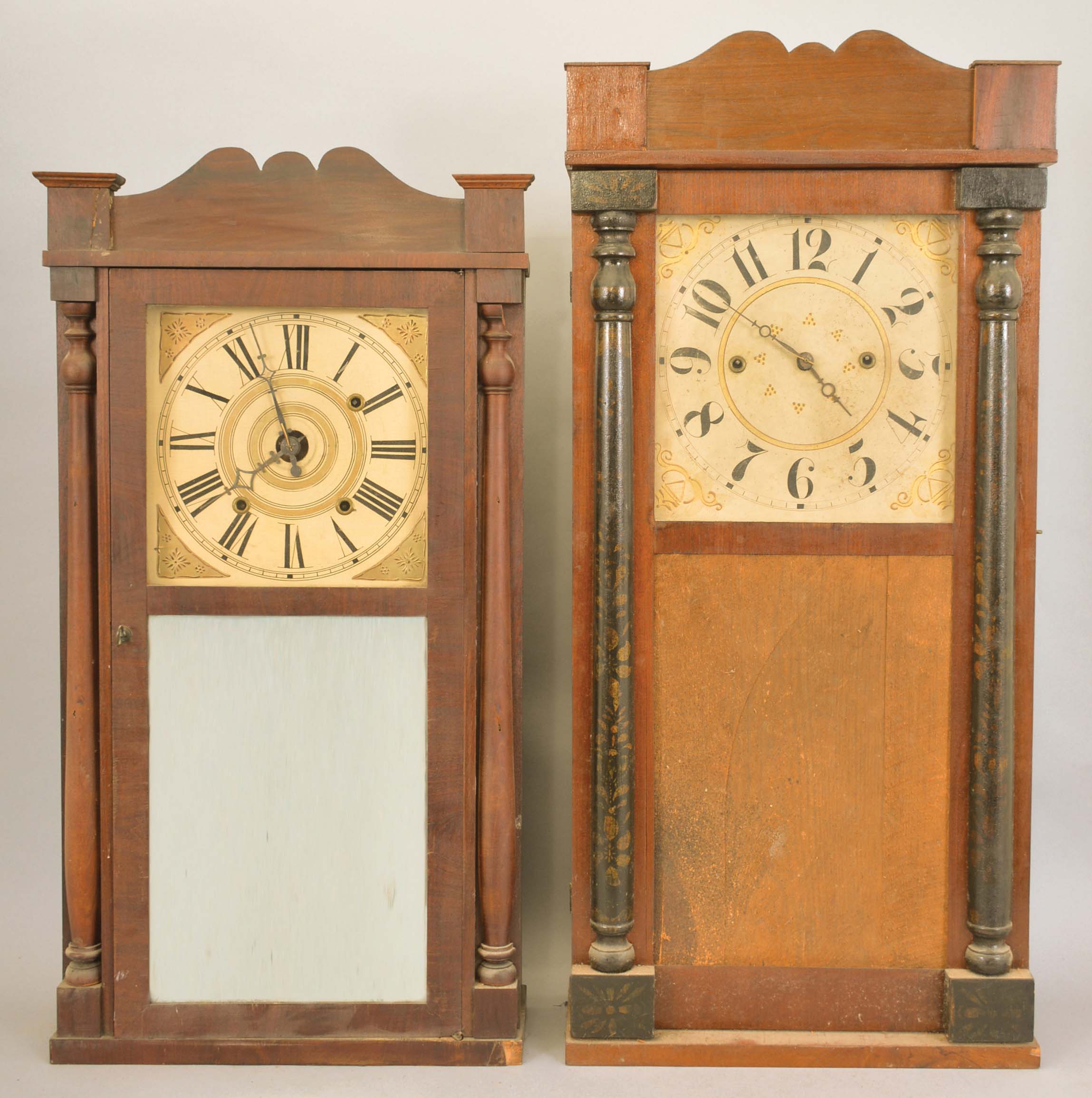 Clocks- 8 (Eight) clocks and one clock case including: 3 ogee clocks, one wooden and two brass works by Sperry &amp; Shaw, Elisha Manross, and William S. Johnson; 2 half column and splat clocks by Daniel Pratt and David Dutton; French perpetual calendar clock parts signed R. Heslop, Paris; Unsigned German cuckoo clock; French crystal regulator with Marti movement; Black slate mantel clock case with red marble accents. — Antique Clocks Price Guide