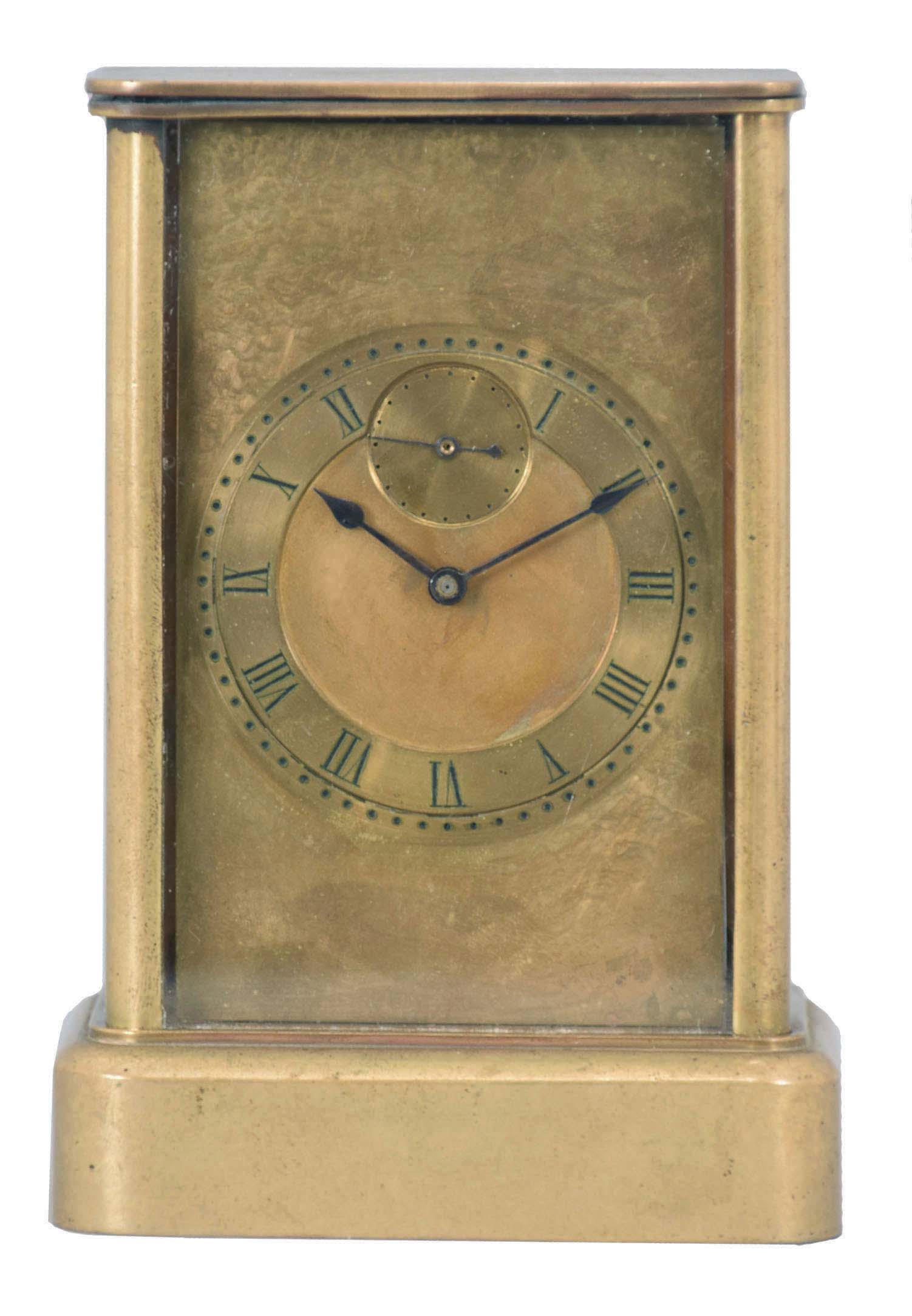 Lorenzo D. Warren, Portland, Maine, 8 day carriage clock with unusual chronometer escapement, glazed brass case, Roman numeral brass dial with seconds at 12:00, blued steel hands, signed, brass timepiece with pivoted detent escapement of unconventional design, brass balance with helical spring and long staff, the roller receiving impulse from a crown wheel, and with unlocking effected by a pin at the lower end of the balance staff, edge of front plate marked "Finished Jan. 2d, 1872" — Antique Clocks Price Guide