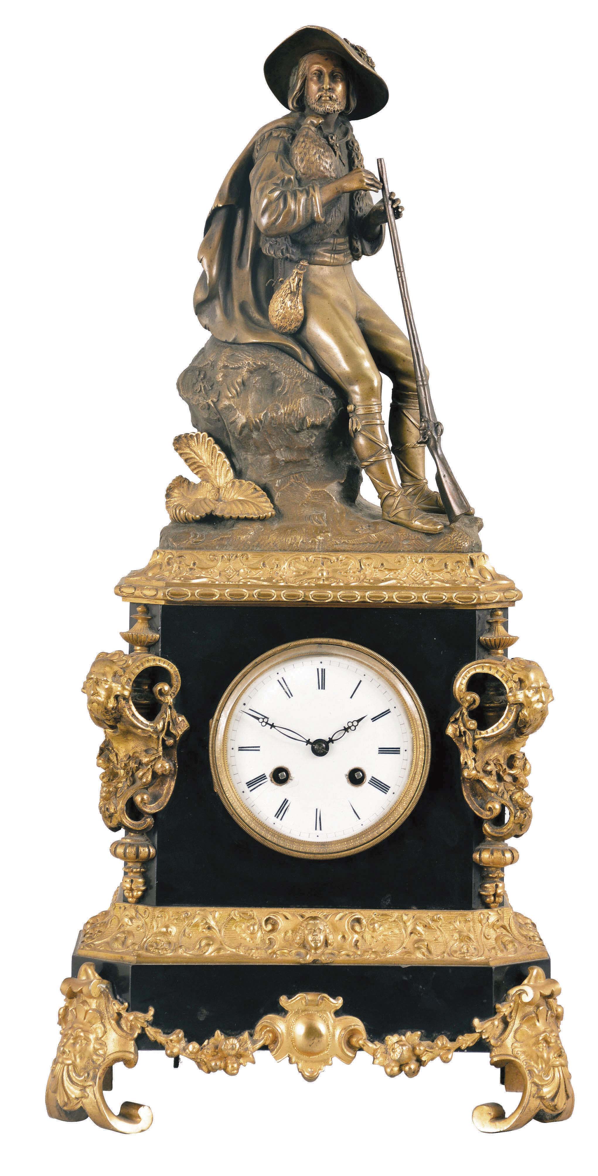 France, a bronze and black slate figural mantel clock, the stone case with canted corners, and replete with gilt masks and naturalistic ornament, surmounted by a figure of a hunter in a rustic landscape, Roman numeral white enamel dial, blued steel hands, and 8 day, time and strike pendule de Paris movement with silk thread suspension, signed "Gonin Aine" — Antique Clocks Price Guide