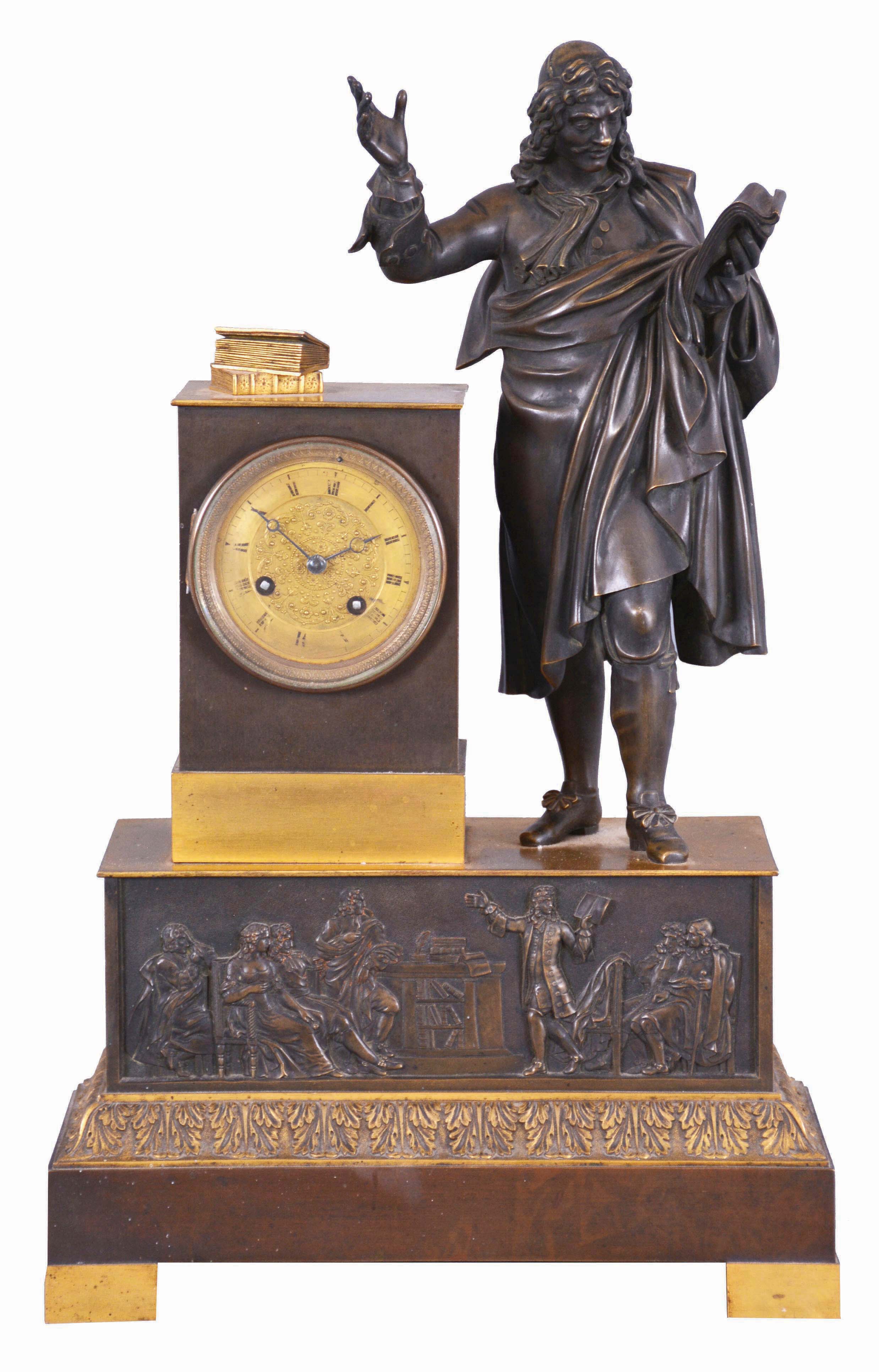 French. bronze &amp; ormolu figural clock, depicting a French Barrister with his law books atop pedestal, and reading scrolls held in his left hand. The well made bell strike movement, with silk thread suspension, with bezel and glazed door intact over dial, the brass dial center embossed, and the silvered chapter ring with painted Roman Numerals. — Antique Clocks Price Guide