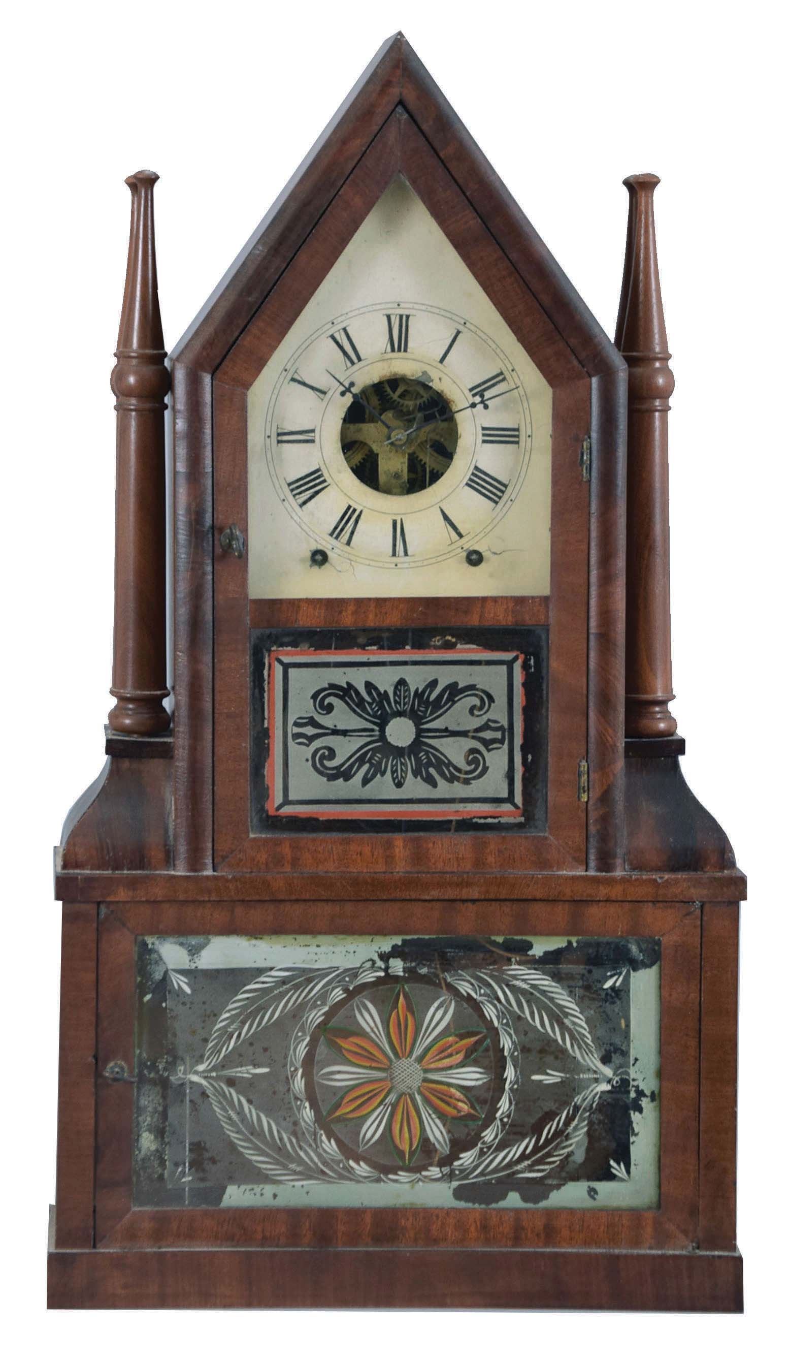 Birge &amp; Fuller, Bristol, Conn., steeple on frame shelf clock with candle finials with a spring driven, 8 day fusee time and strike movement in a mahogany veneered case. — Antique Clocks Price Guide