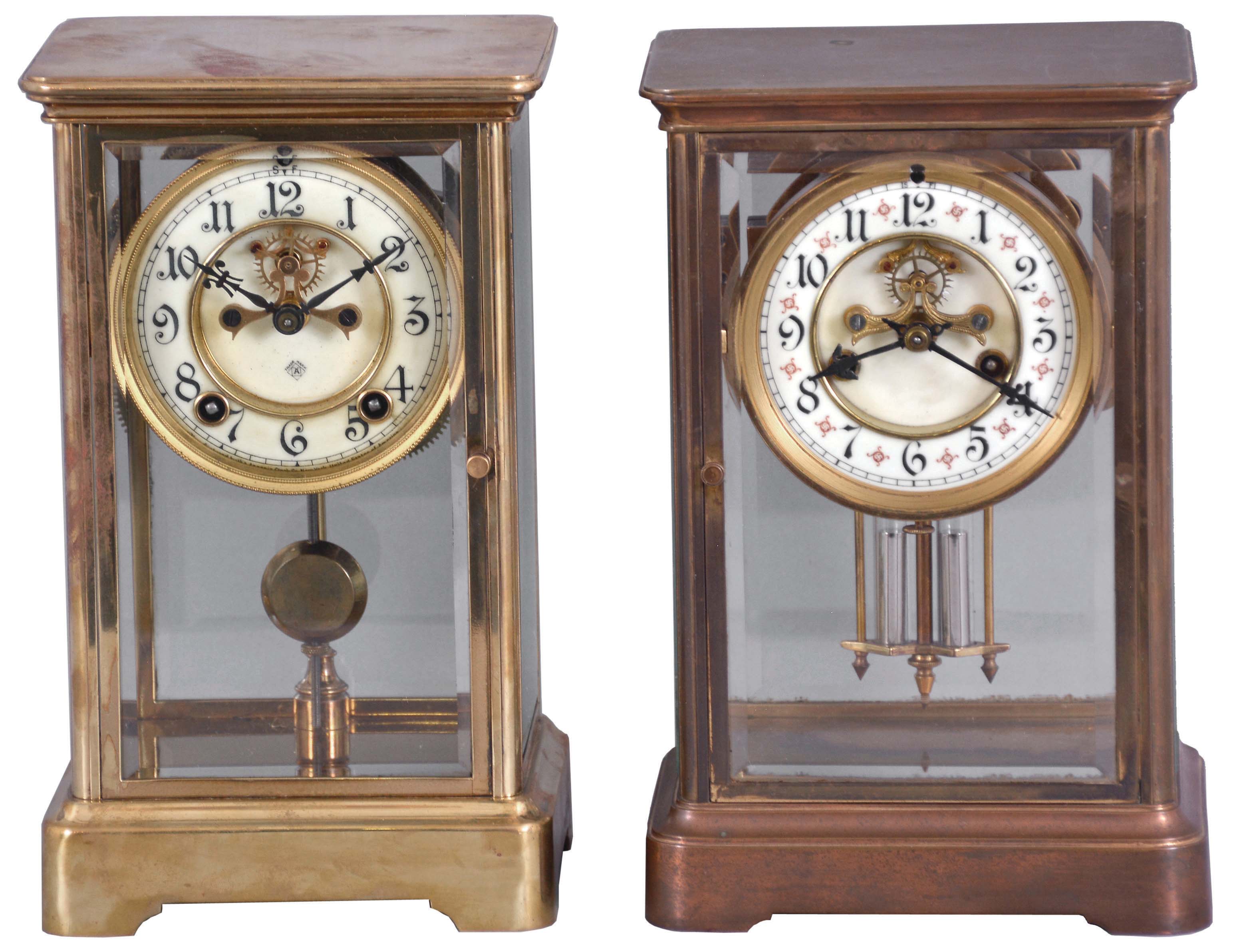 Clocks- 2 (Two): (1) Ansonia Clock Co., New York, 8 day, time and strike, spring brass movement crystal regulator mantel clock, c1914; (2) Waterbury Clock Co., Waterbury, Conn., "Toulon", 8 day, time and strike, spring brass movement crystal regulator mantel clock, c1909 — Antique Clocks Price Guide