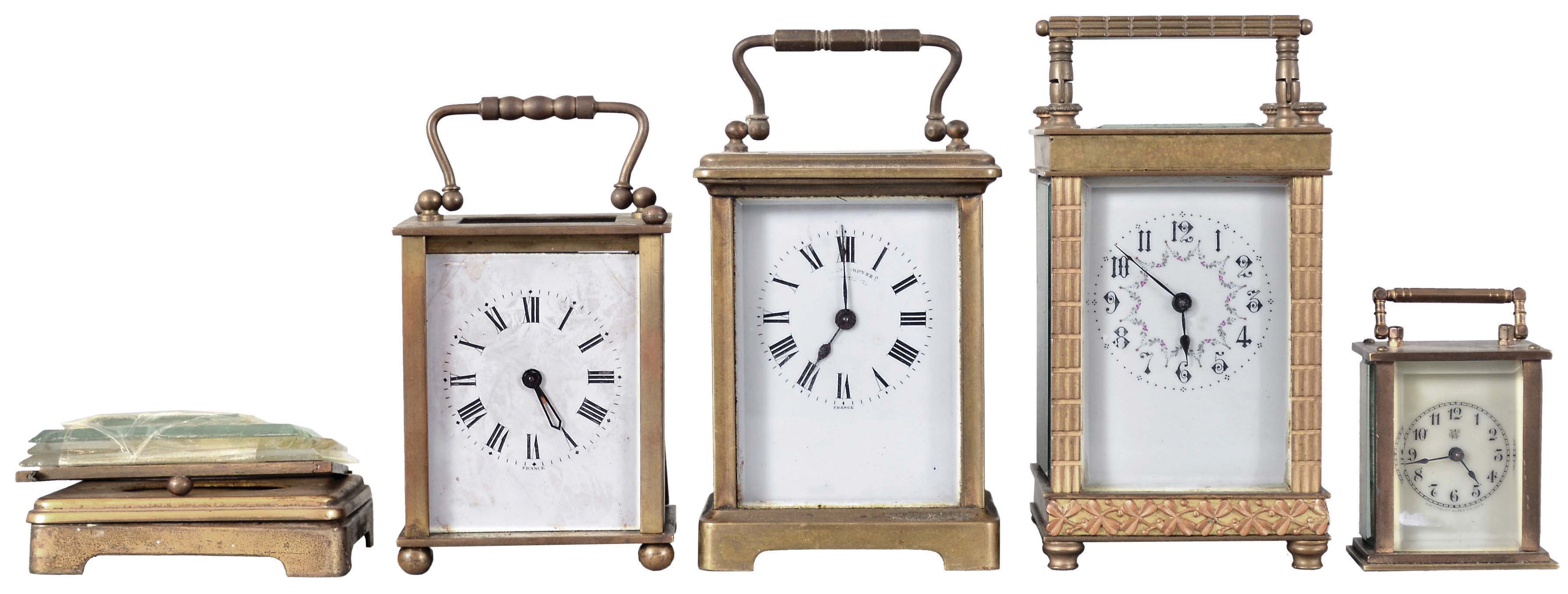 Clocks- 4 (Four) Carriage: Three French carriage clocks, 8 day, time only, two with cylinder escapements and one with a lever. The fourth clock is a Waterbury Clock Co. "Midge" 30 hour, spring driven, lever escapement miniature carriage clock, c1909. — Antique Clocks Price Guide