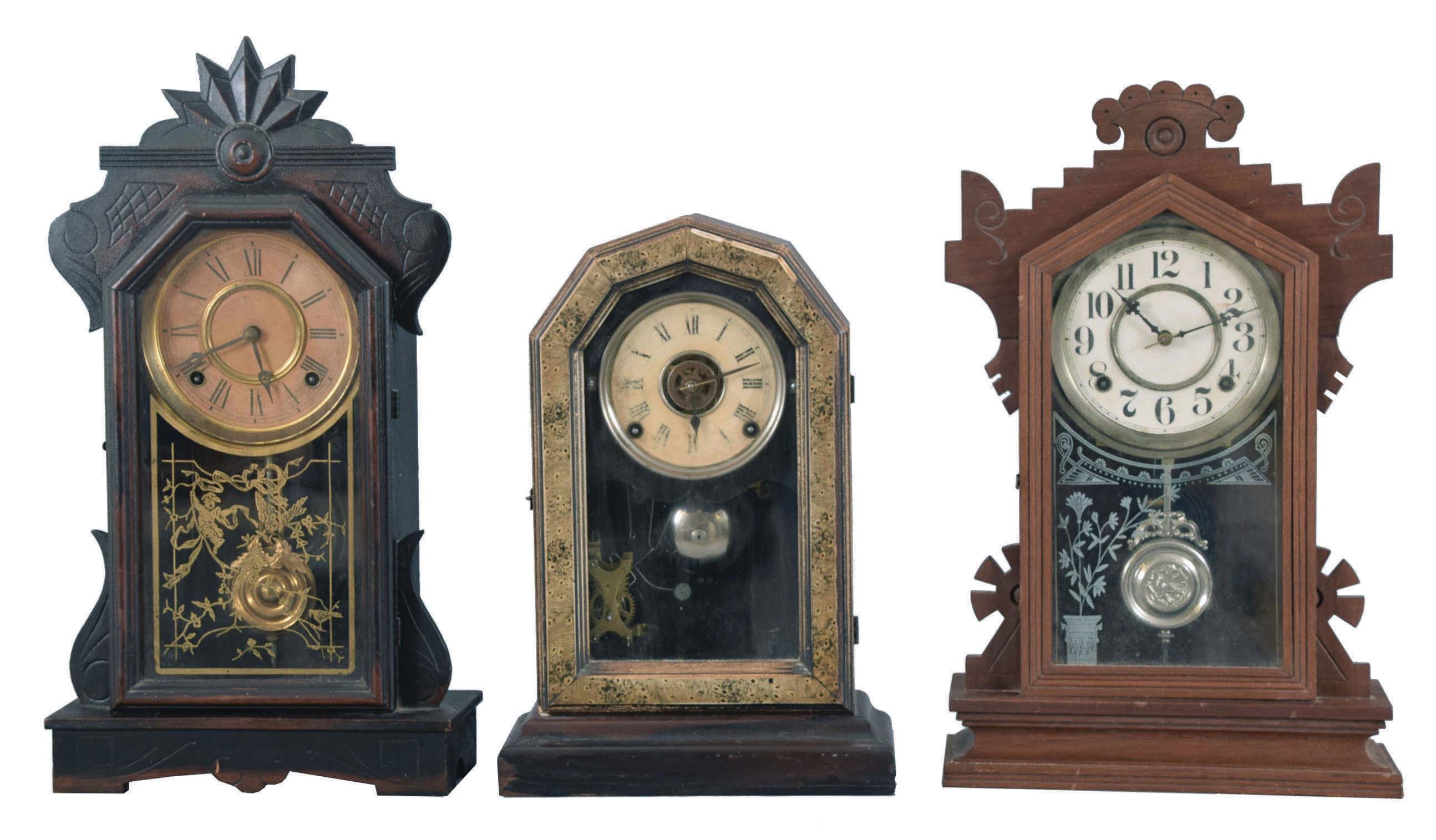 Clocks- 6 (Six): (1) E. Ingraham &amp; Co.,Bristol, Conn., "Venetian" shelf clock with a spring driven, 8 day, time and strike movement in a rosewood veneered case, c1875; (2) E. Ingraham Clock Co., Bristol, Conn., "Halcyon" shelf clock with a spring driven, 8 day, time and strike movement in a walnut case, c1881. (3) Unmarked shelf clock with a spring driven, 8 day, time and strike movement in a celluloid covered case. (4) E. Ingraham &amp; Co., Bristol, Conn., Phoenix shelf clock with a spring driven, 8 day, time and strike movement in a walnut case, c1881. (5) E. Ingraham &amp; Co., Bristol, Conn., "Era" shelf clock with a spring driven, 8 day time, strike and alarm movement in a rosewood veneered case with putty grained front, c1883, (6) Waterbury Clock Co., Waterbury, Conn. unidentified shelf clock with a spring driven, 8 day, time and strike movement in a walnut case, c1890. — Antique Clocks Price Guide