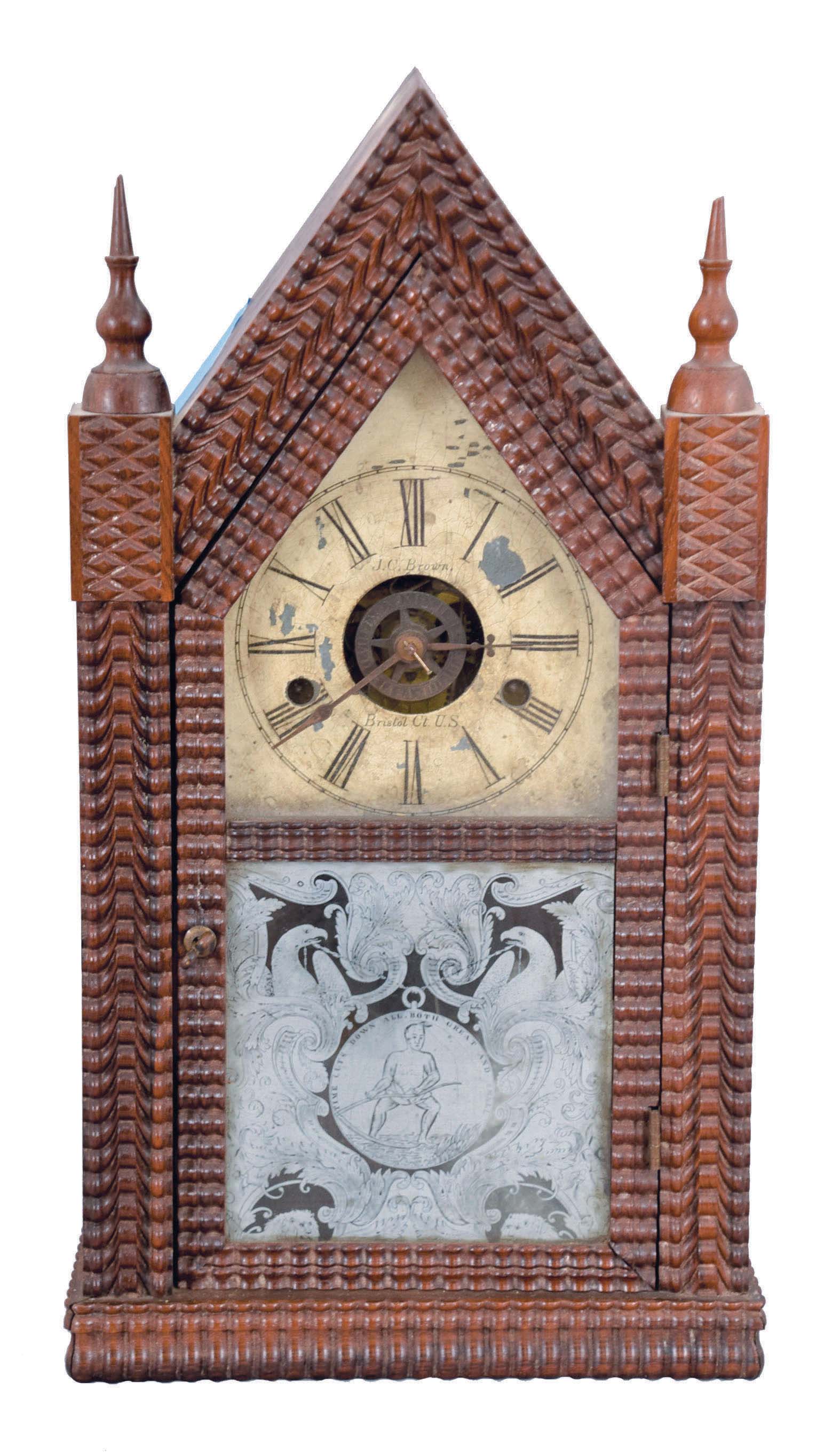 Forestville Mfg. Co., J. C. Brown, Bristol, Conn. miniature steeple shelf clock with a spring driven 30 hour time and strike movement in a rosewood ripple front case. — Antique Clocks Price Guide