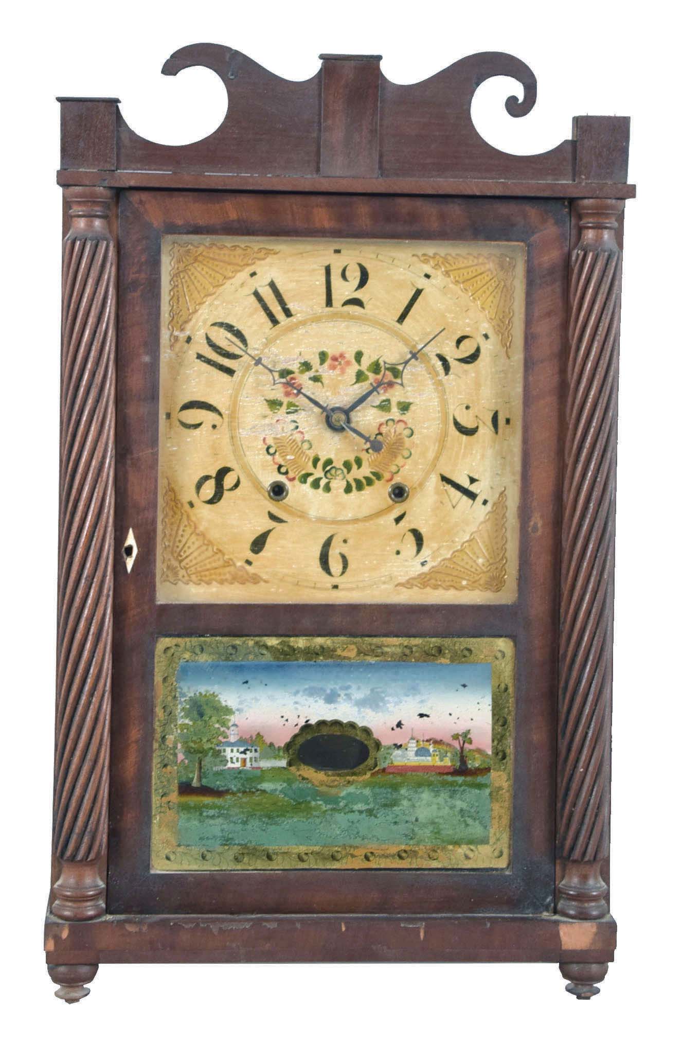 Jerome's &amp; Darrow, Bristol, Conn., 30 hour, time and strike, weight wood movement carved column and Jester top shelf clock. — Antique Clocks Price Guide