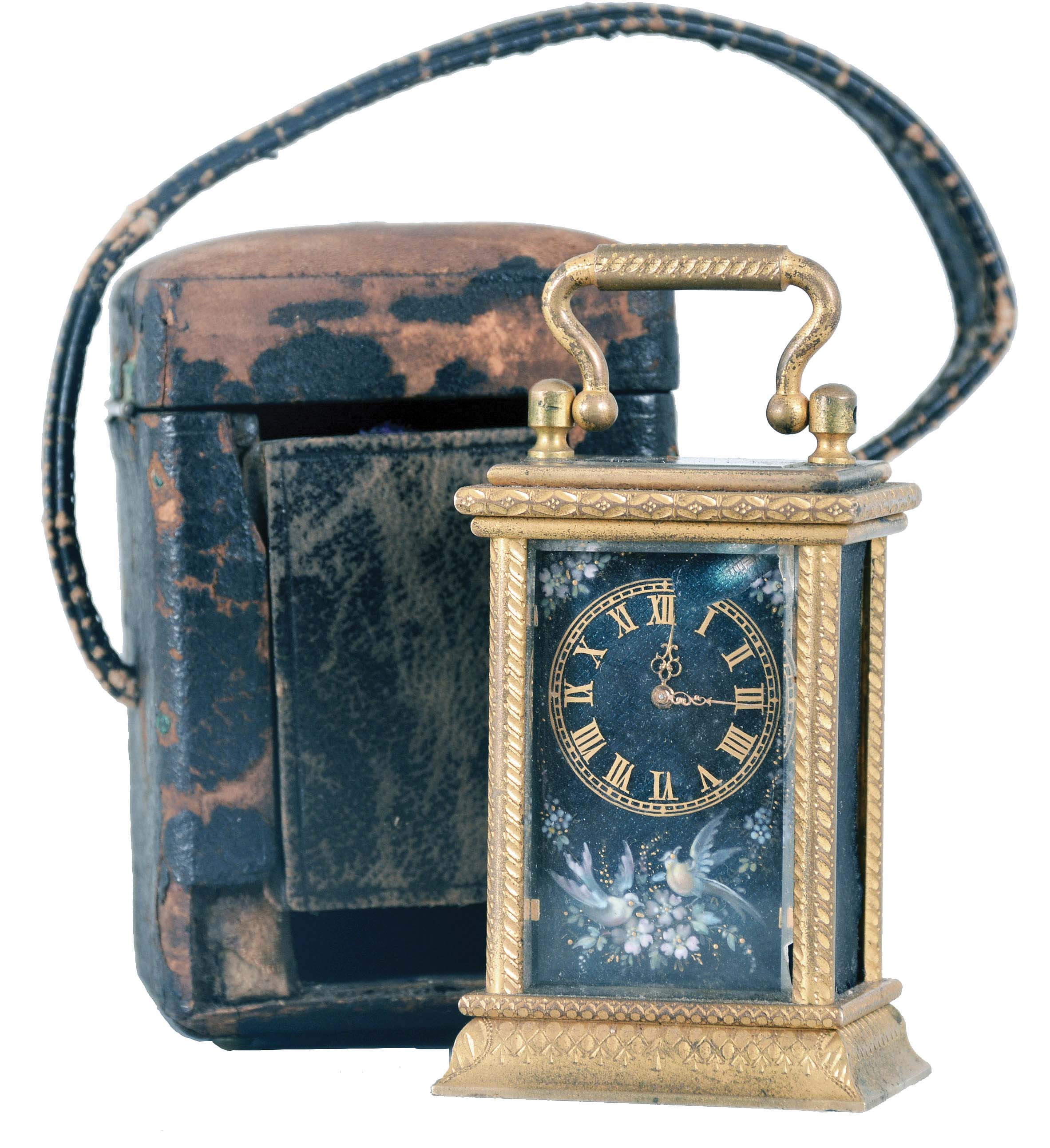 France, a miniature carriage timepiece with enamel panels and travel case, gilt case with carrying handle, the sides and back with polychrome enamel decorated copper panels, the dial with teal blue enamel ground, and decorated with polychrome birds and foliage, gilt Roman numeral chapter ring with fancy gilt hands, 8 day timepiece movement with lever platform, with original leather covered wooden travel case — Antique Clocks Price Guide