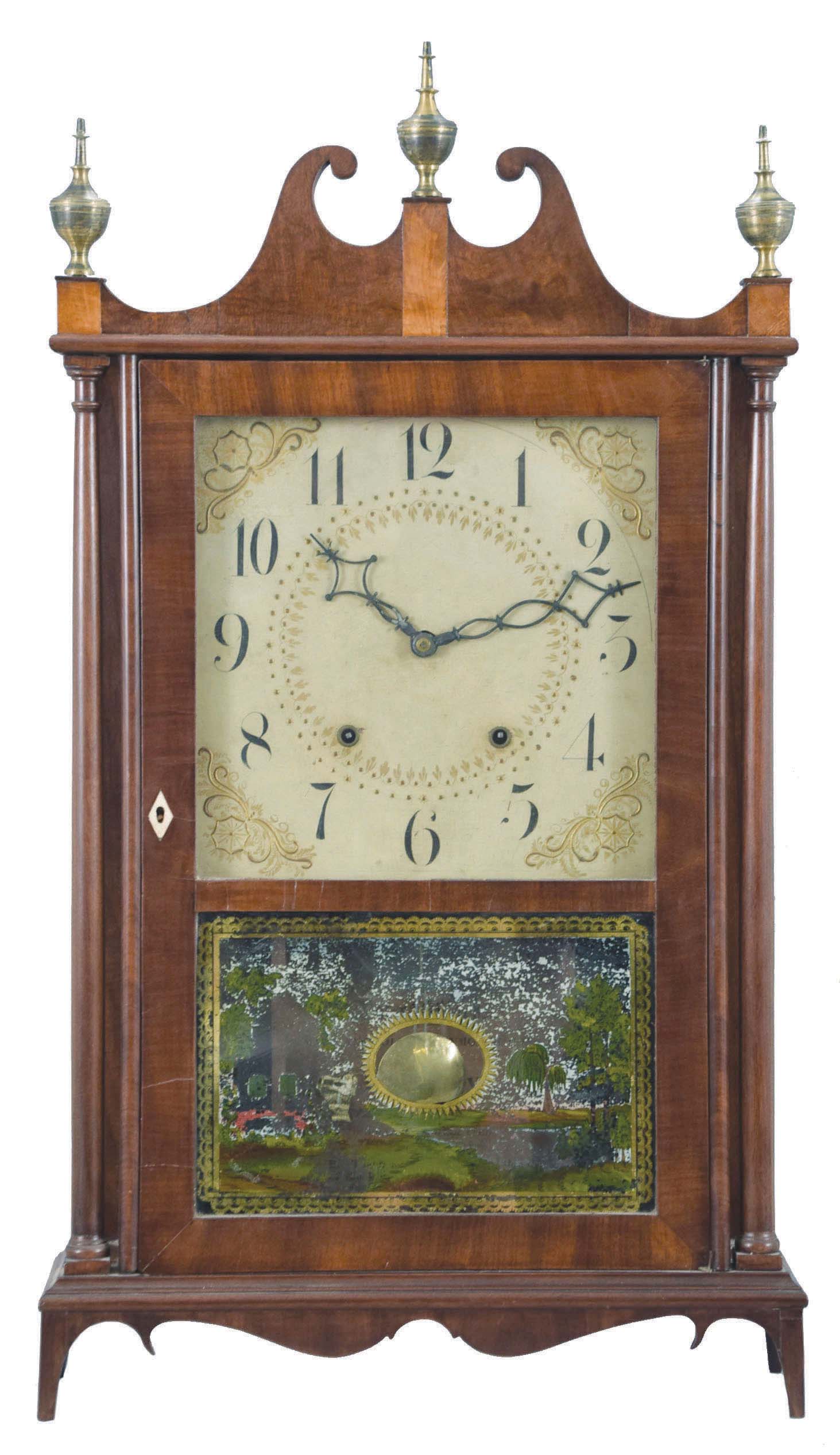 Eli Terry, Plymouth, Conn., 30-hour, time and strike, weight wood movement pillar &amp; scroll shelf clock. — Antique Clocks Price Guide