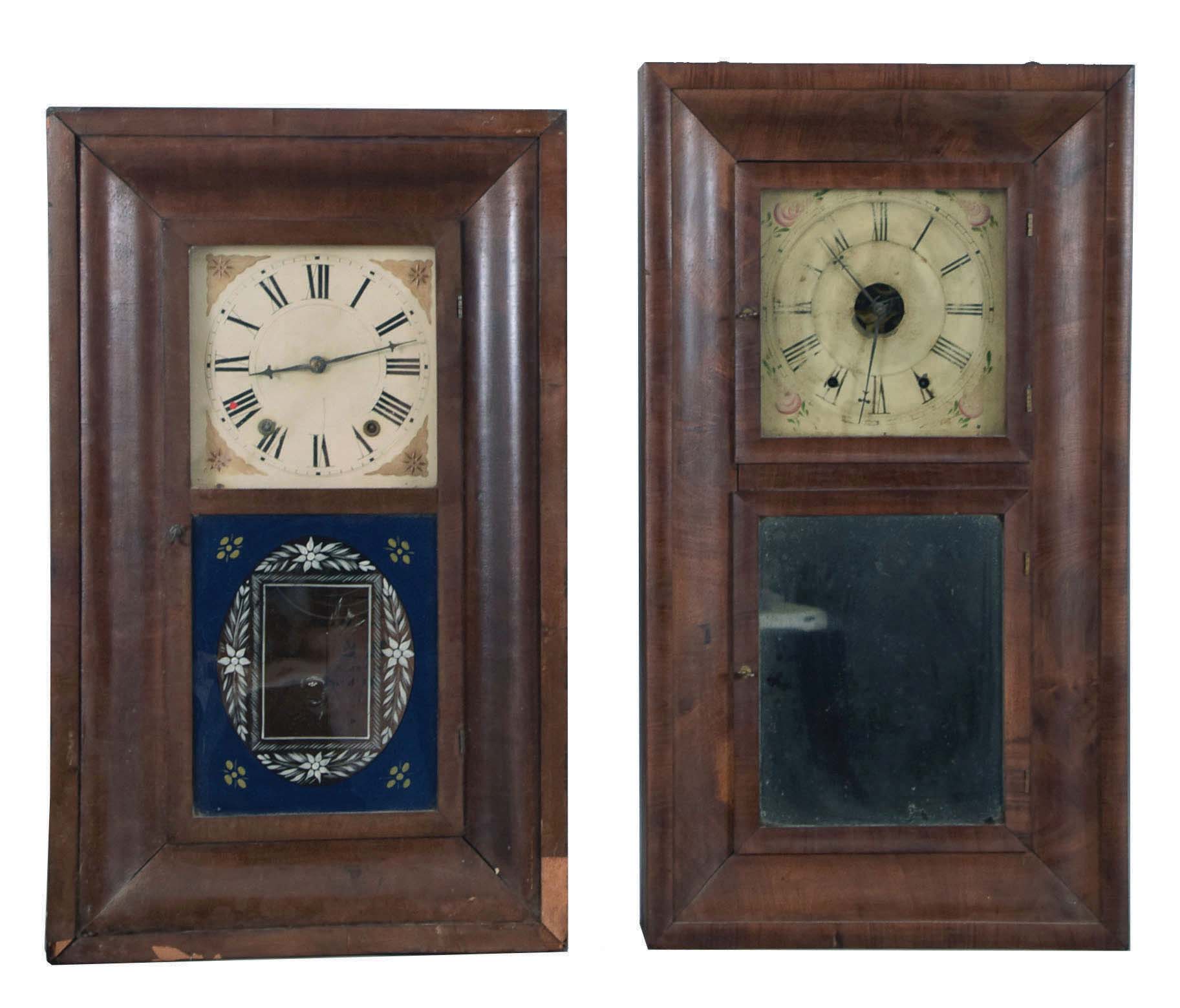 Clocks- 7 (Seven): (1) Connecticut Clock Co., New York, 30 hour, time and strike, weight brass movement OG shelf clock, c1850; (2) George V. House, New York, 30 hour, time and strike, weight brass movement OG shelf clock, c1845 (3) Sperry &amp; Shaw, New York, 30 hour, time and strike, weight brass movement OG shelf clock, c1845 (4) Chauncey Jerome, Bristol, Conn., 30 hour, time and strike, weight brass movement OG shelf clock, c1840 (5) B. Young &amp; Co., St. Stevens, New Brunswick, Canada, 30 hour, time and strike, weight brass movement OG shelf clock (movement was made by Atkins &amp; Porter, Bristol, Conn), c1845 (6) Unknown New York maker, 30 hour, time and strike, weight wood movement OG shelf clock, c1840 (7) Chauncey Jerome, New Haven, Conn., 8 day, time and strike, weight brass movement double door OOG shelf clock, c1860 — Antique Clocks Price Guide