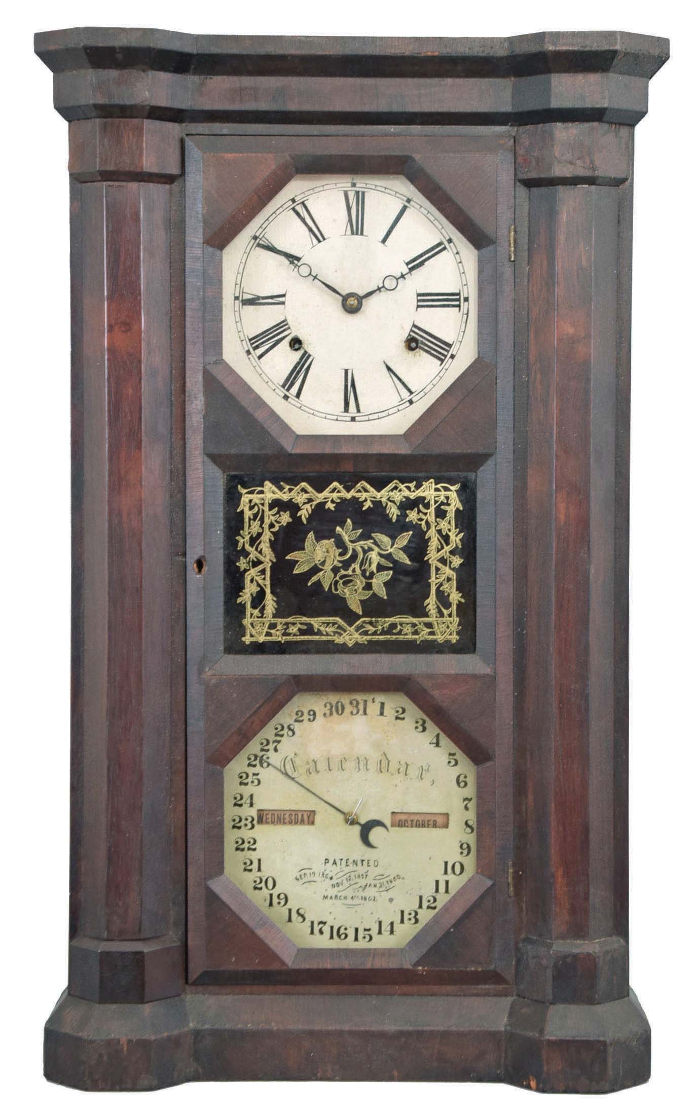 Seth Thomas Clock Co., Thomaston, Conn., "Parlor Calendar No. 2" double dial calendar shelf clock with a weight driven, 8 day, time and strike movement and a Mix Brothers perpetual calendar mechanism in a rosewood veneered case. — Antique Clocks Price Guide