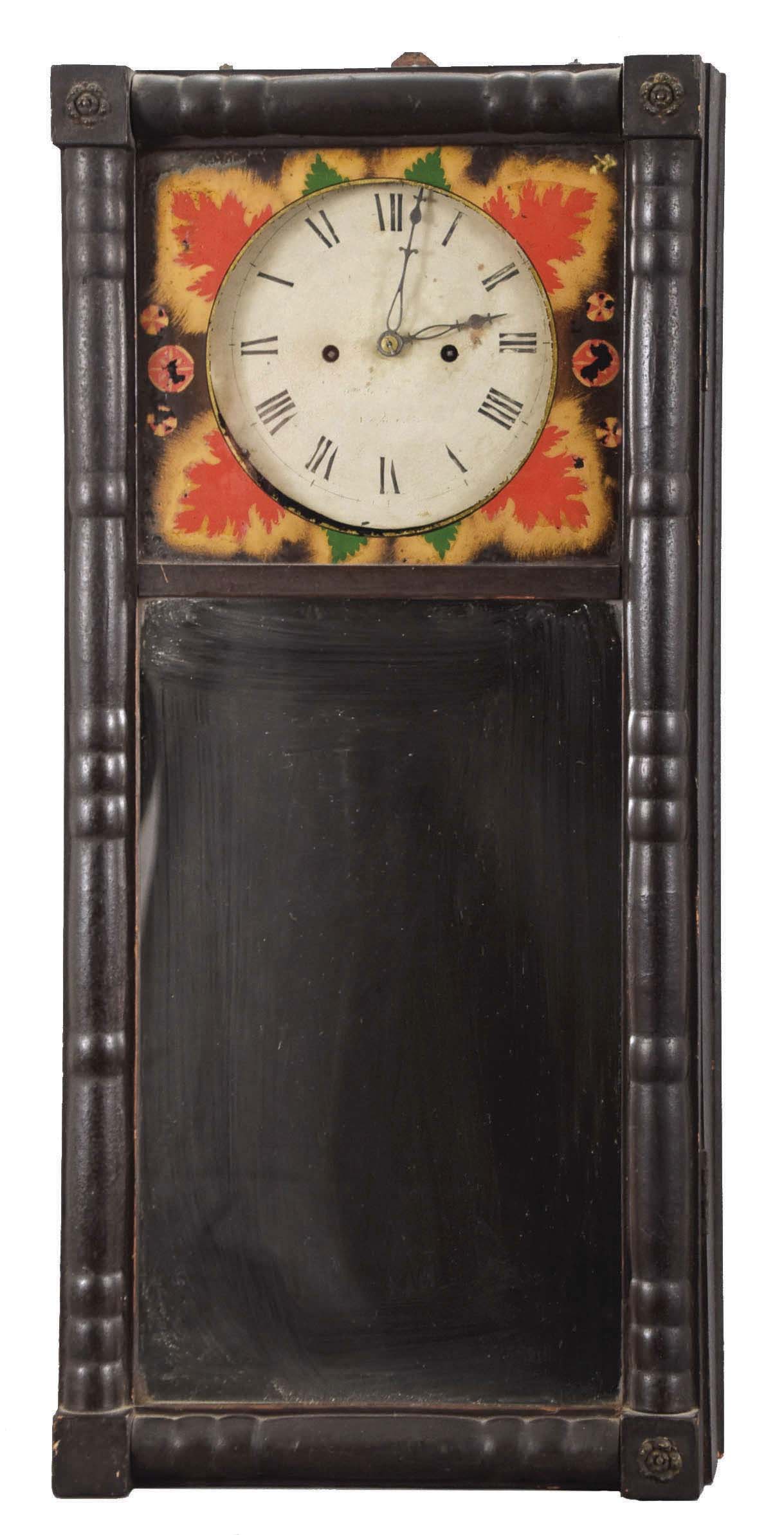 William G. Emerson, Newport, Maine, 8 day, time and strike, weight brass movement New Hampshire style mirror clock. — Antique Clocks Price Guide