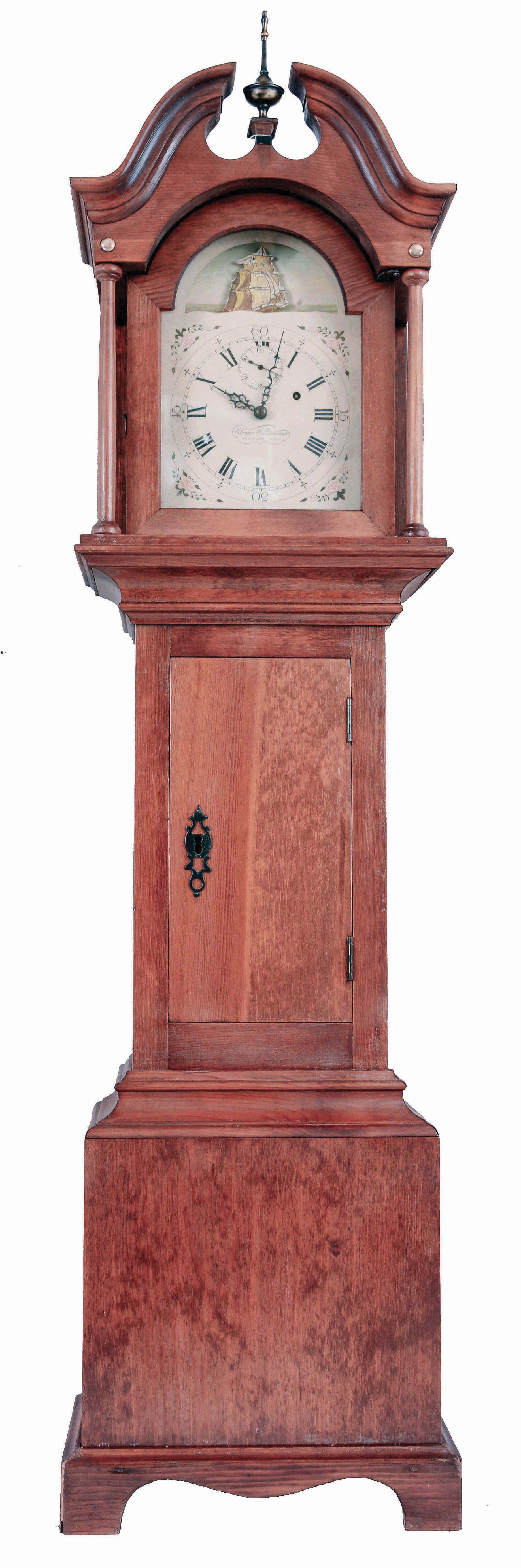Reproduction dwarf tall or Grandmother clock, 8 day, weight driven brass timepiece (only) movement in a pine case with rocking ship dial signed Elmer Stennes — Antique Clocks Price Guide