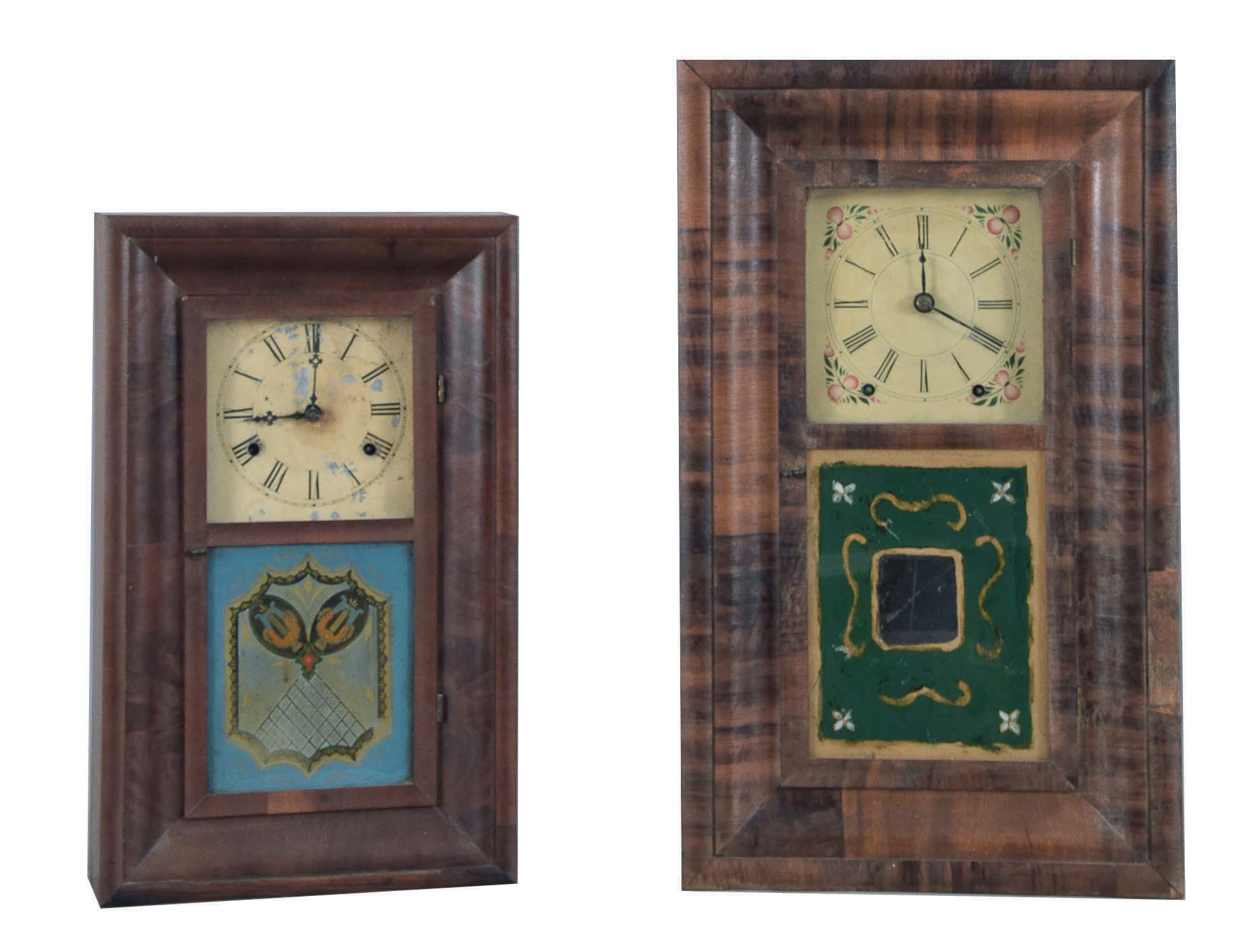 Clocks- 2 (Two): (1) Smith &amp; Goodrich, Bristol, Conn., 30 hour, time and strike, spring brass fusee movement miniature OG shelf clock, c1850; (2) Daniel Pratt &amp; Sons, Boston, Mass., 8 day, time and strike, spring brass fusee movement OG shelf clock, c1850 — Antique Clocks Price Guide
