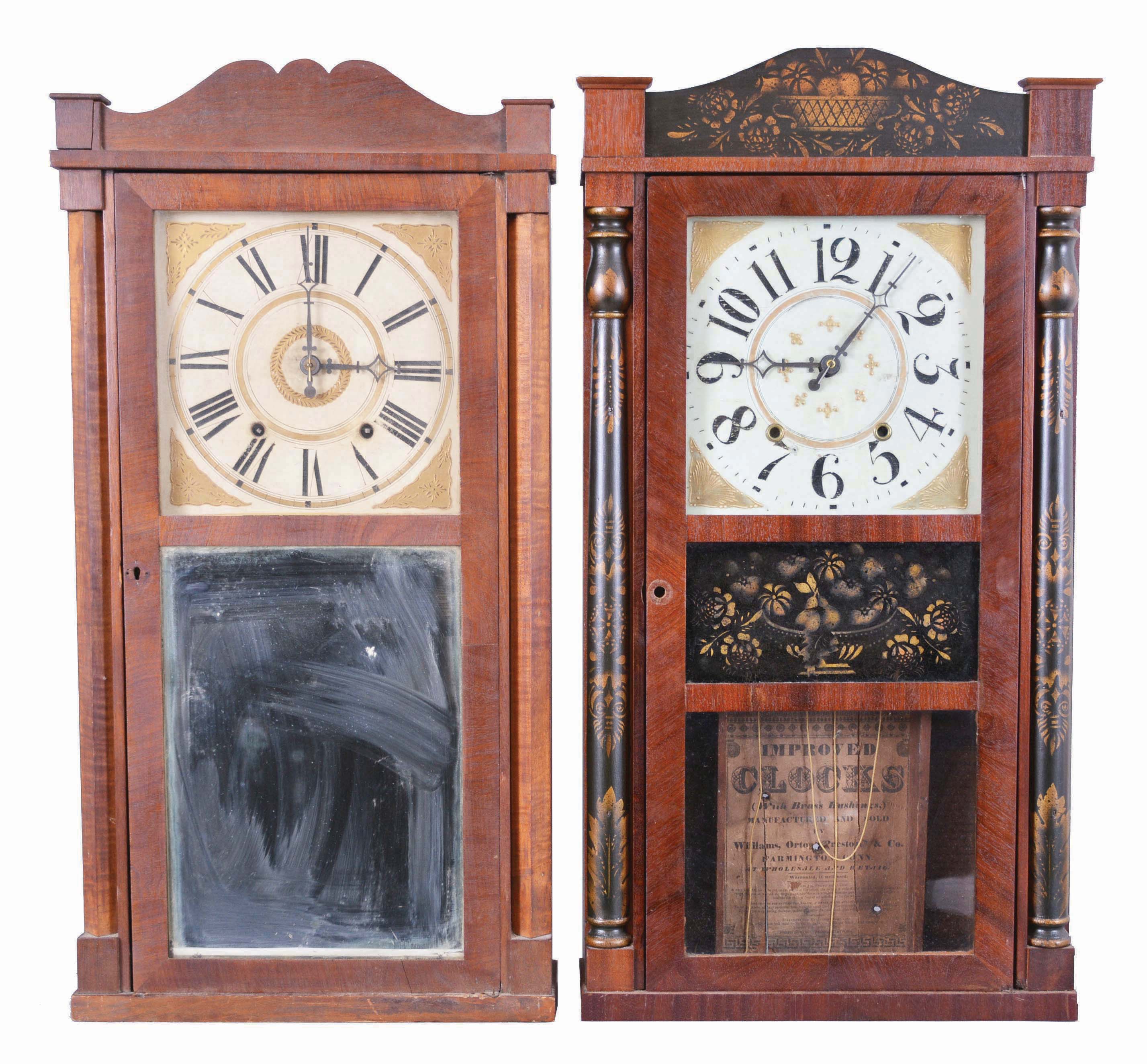 Clocks- 6 (Six): (1) David Dutton, Mount Vernon, New Hampshire, 30 hour, time and strike, weight wood movement quarter column &amp; splat shelf clock, c1830; (2) Williams Orten, Prestons &amp; Co., Farmington, Conn., 30 hour, time and strike, weight wood movement half column &amp; splat shelf clock, c1832 (3) Putnam Bailey, Goshen, Conn., flat column &amp; splat case, c1830 with later movement (4) Williams Orten, Prestons &amp; Co., Farmington, Conn., 30 hour, time and strike, weight wood movement half column &amp; splat shelf clock, c1832 (5) George Marsh &amp; Co., Farmington, Conn., 30 hour, time and strike, weight wood movement half column &amp; splat shelf clock, c1830 (6) George Marsh &amp; Co., Farmington, Conn. Half column &amp; splat case only, c1830 — Antique Clocks Price Guide