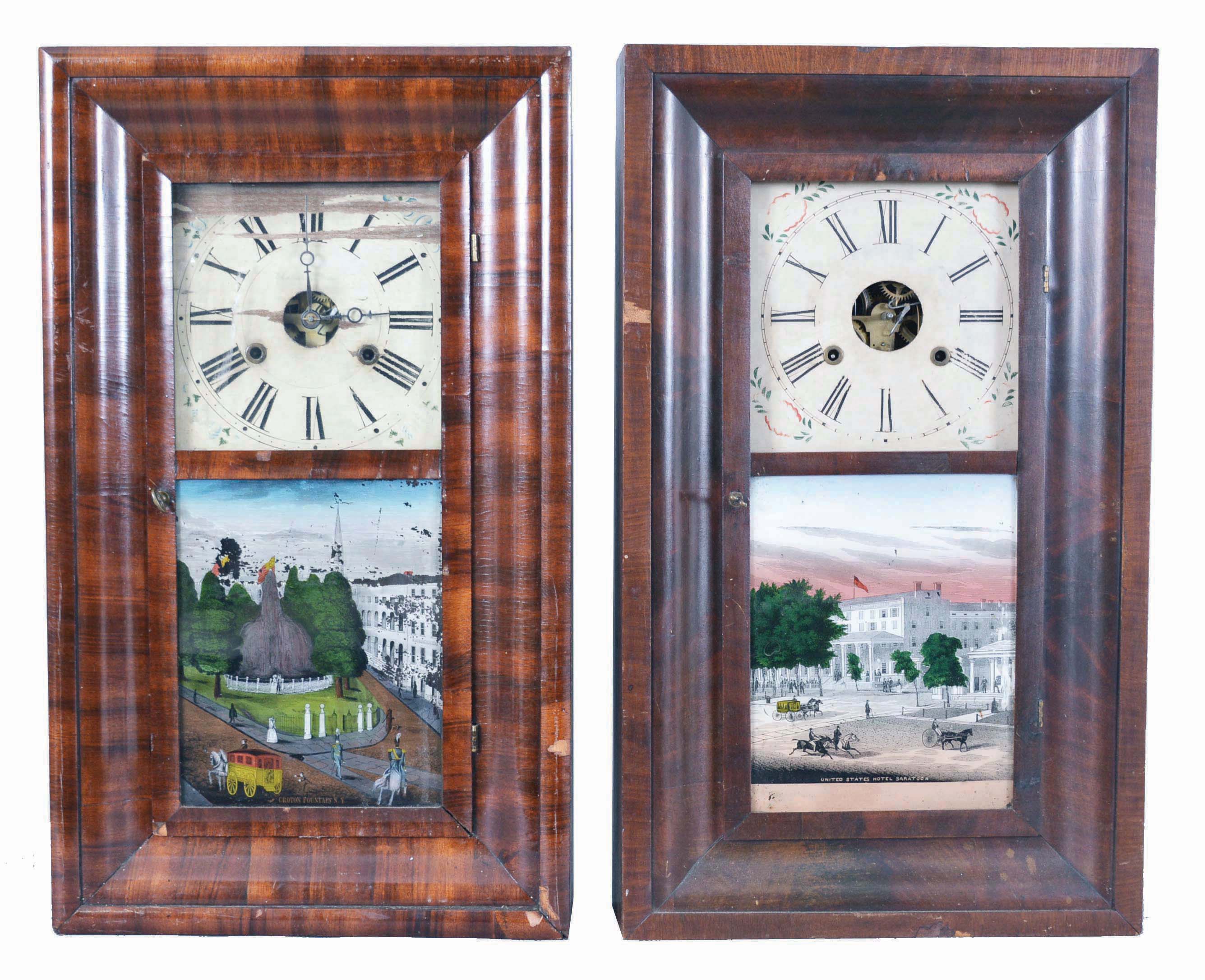 Clocks- 6 (Six): (1) Chauncey Jerome, New Haven, Conn., 30 hour, time and strike, weight brass movement OG shelf clock, c1850; (2) C. Boardman, Bristol, Conn., 30 hour, time and strike, weight brass movement OG shelf clock, c1845 (3) William L. Gilbert, Winchester, Conn. 30 hour, time and strike, weight brass movement OG shelf clock, c1842 (4) Forestville Mfg. Co., J. C. Brown, Bristol, Conn., 8 day, time and strike, weight brass movement OOG shelf clock. (5) Unknown, 30 hour, time and strike, weight brass movement OG shelf clock, c1860 (6) Seth Thomas Clock Co., Thomaston, Conn., 30 hour, time and strike, weight brass movement OG shelf clock, c1870 — Antique Clocks Price Guide