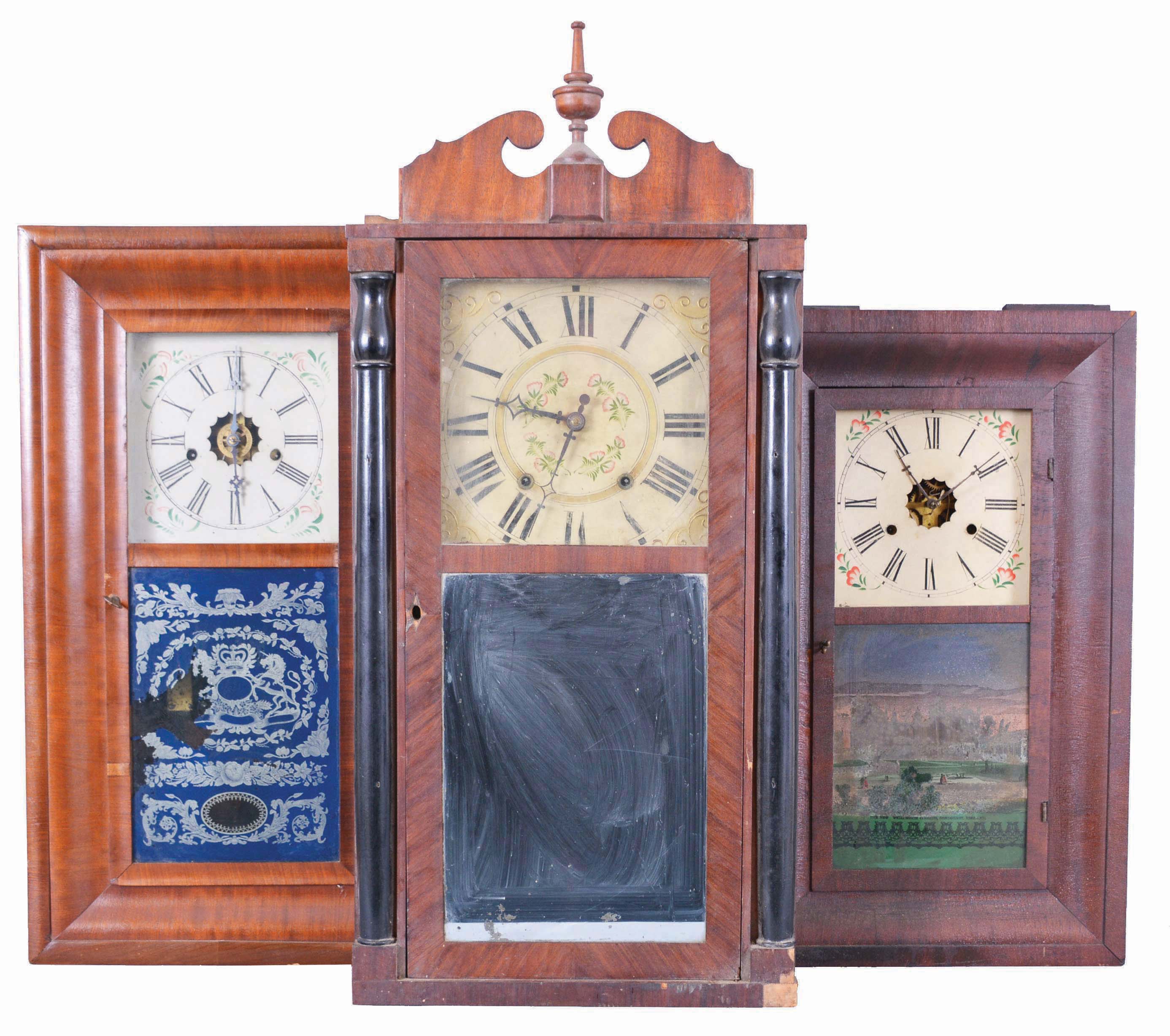 Clocks- 6 (Six): (1) Elisha Hotchkiss, Jr., Burlington, Conn., 30 hour, time and strike, weight wood movement half column &amp; splat shelf clock, c1832; (2) E. N. Welch Mfg. Co., Forestville, Conn., 8 day, time, strike and alarm weight brass movement OG shelf clock, c1865 (3) Unknown, 30 hour, time and strike, weight brass movement OG shelf clock, c1840 (4) Forestville Mfg. Co., J. C. Brown, Bristol, Conn., 30 hour, time and strike, weight brass movement OG shelf clock, c1850 (5) New Haven Clock Co., New Haven, Conn., 30 hour, time and strike, weight brass movement OG shelf clock, c1860 (6) New Haven Clock Co., New Haven, Conn., 30 hour, time and strike, weight brass movement OG shelf clock, c1860 — Antique Clocks Price Guide