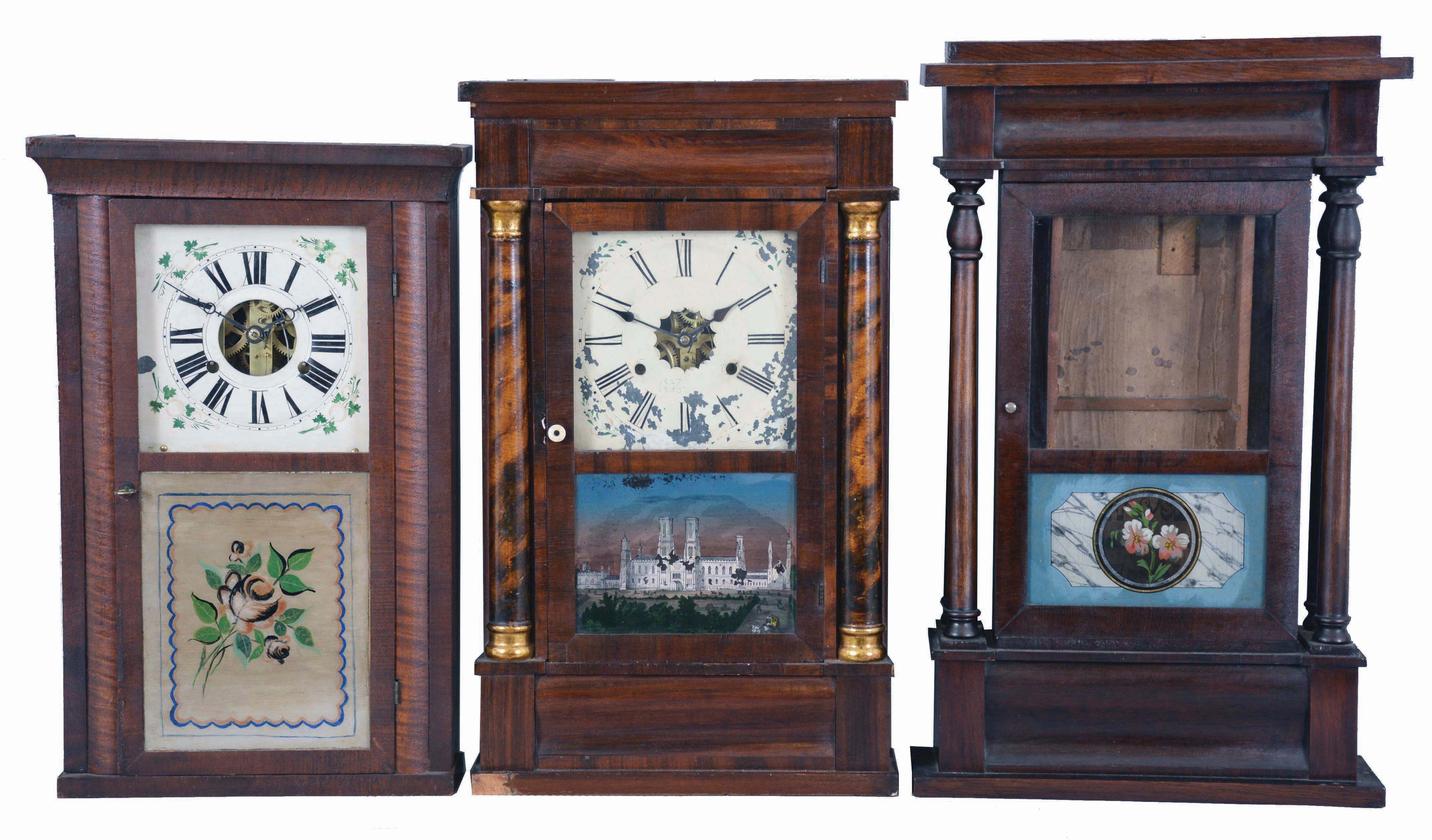 Clocks- 6 (Six) American shelf clocks: (1) Seth Thomas Clock Co., Plymouth Hollow, Conn., column shelf clock with a brass spring driven 30 hour time and strike movement in a mahogany case, c1850; (2) Atkins &amp; Porter, Bristol, Conn., quarter column shelf clock with a weight driven 30 hour time and strike movement in a mahogany veneered case, c1845. (3) J. C. Brown, Forestville, Conn. half column shelf clock with a weight driven 30 hour time and strike movement in a mahogany veneered case, c 1850. (4) Seth Thomas, Plymouth Hollow, Conn., half column shelf clock with a weight driven 30 hour time and strike movement in a mahogany veneered case, c1855. (5) Sperry &amp; Shaw, 10 Cortlandt St., New York., 4 column NY style case only, c1845. (6) Daniel Pratt, Reading, Mass OG shelf clock with a weight driven, 8 day, time and strike movement in a mahogany veneered case, c1860. — Antique Clocks Price Guide