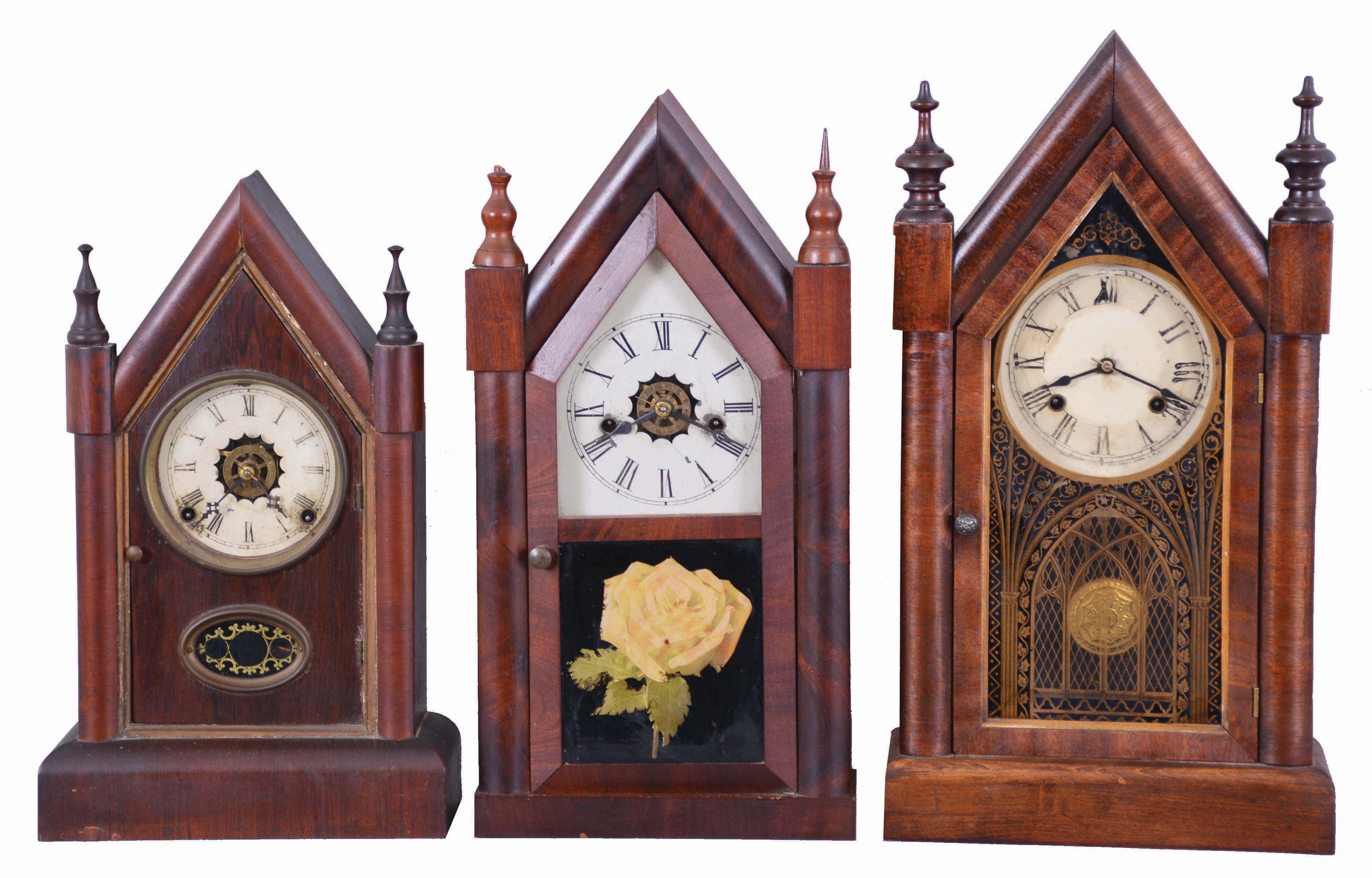 Clocks- 6 (Six): (1) Waterbury Clock Co., Waterbury, Conn., 30 hour, time, strike and alarm spring brass movement Sharp Gothic or steeple clock, c1870; (2) New Haven Clock Co., New Haven, Conn., 8 day, time and strike, spring brass movement Sharp Gothic or steeple clock, c1870 (3) William L. Gilbert Clock Co., Winsted, Conn., 8 day, time, strike and alarm Sharp Gothic or steeple clock, c1870 (4) Ansonia Clock Co., Ansonia, Conn., 30 hour, time and strike, spring brass movement Sharp Gothic or steeple clock, c1870 (5) Elisha Manross, Bristol, Conn., Sharp Gothic or steeple case only, c1850 (6) William L. Gilbert Clock Co., Winsted, Conn., 30 hour, time, strike and alarm spring brass movement Sharp Gothic or steeple clock, c1870 — Antique Clocks Price Guide