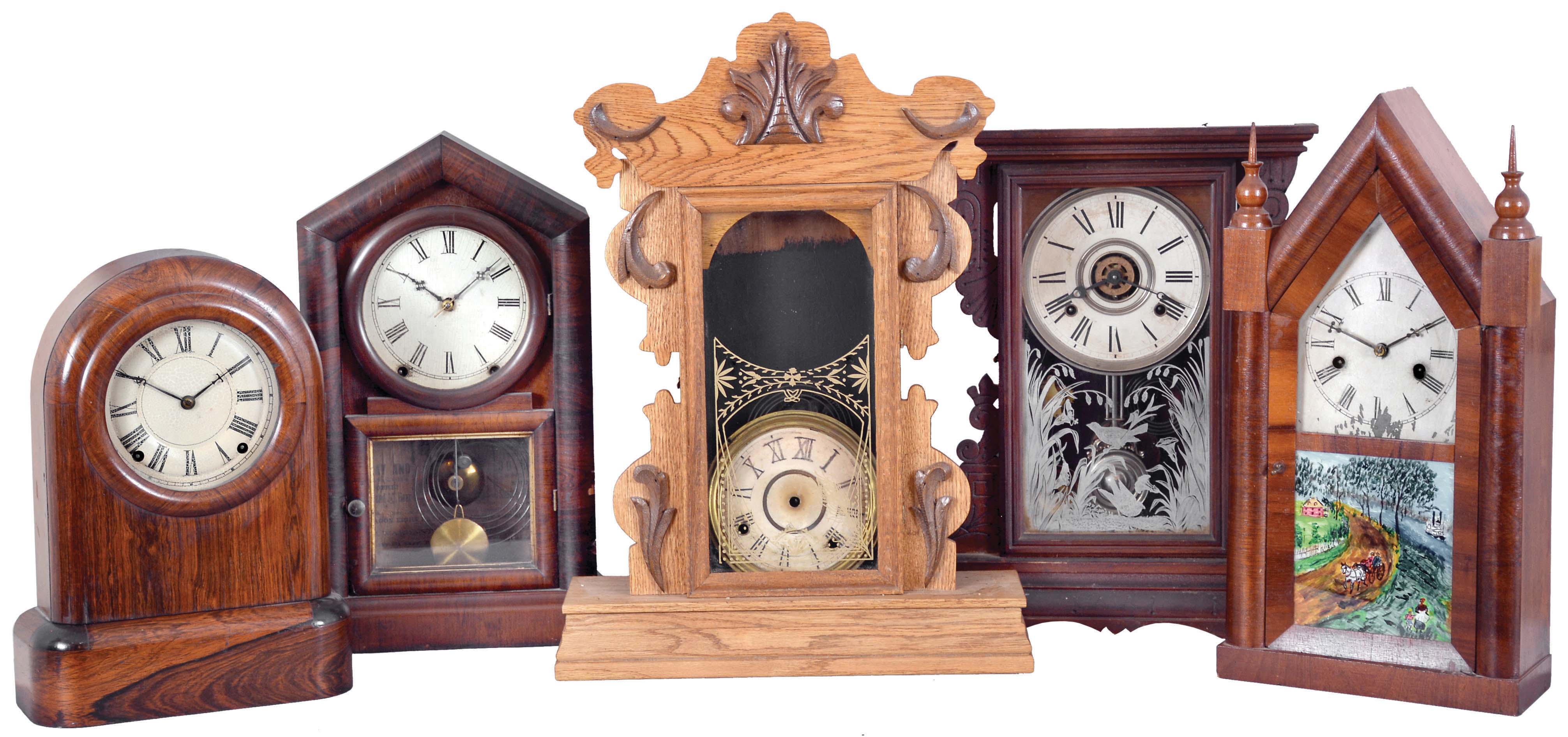 Clocks- 5 (Five): (1) William L. Gilbert Clock Co., Winsted, Conn., "Capital No. 43", case only; (2) New Haven Clock Co., New Haven, Conn., 30 hour, time and strike, spring brass movement Sharp Gothic or steeple clock c1860 (3) William L. Gilbert Clock Co., Winsted, Conn., 8 day, time, strike and alarm spring brass movement shelf clock, c1870 (4) Seth Thomas Clock Co., Thomaston, Conn. 8 day, time and strike, spring brass movement round top shelf clock, c1875 (5) Ansonia Brass &amp; Copper Co., Ansonia, Conn., 8 day, time and strike, spring brass movement shelf clock. 1860 — Antique Clocks Price Guide