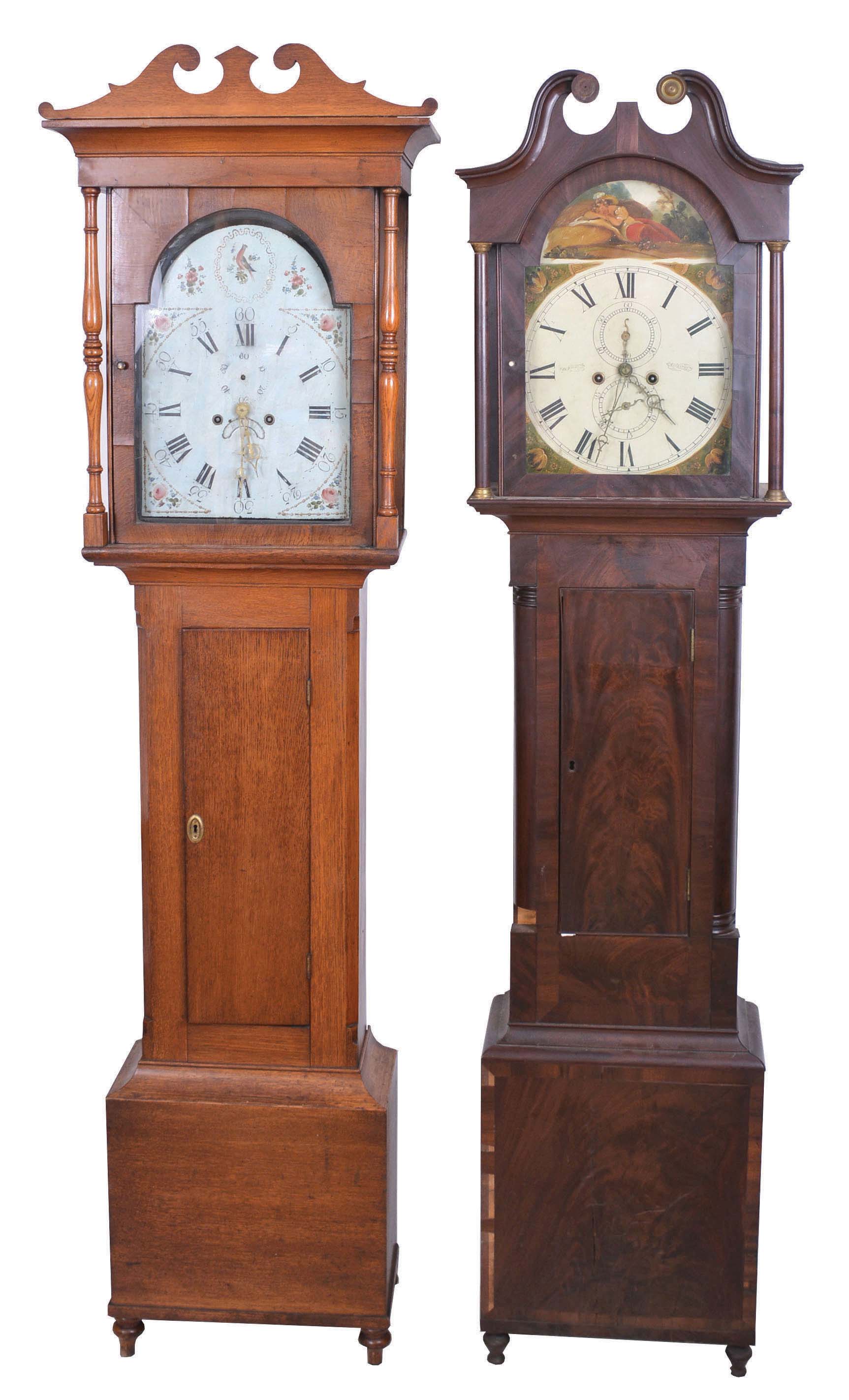 Tall Clocks- 2 (Two) English / Scottish period examples, circa 1830: (1) Ja. Rough, Kirkaldy in mahogany case with painted metal dial; (2) Unsigned in oak case with painted metal dial — Antique Clocks Price Guide