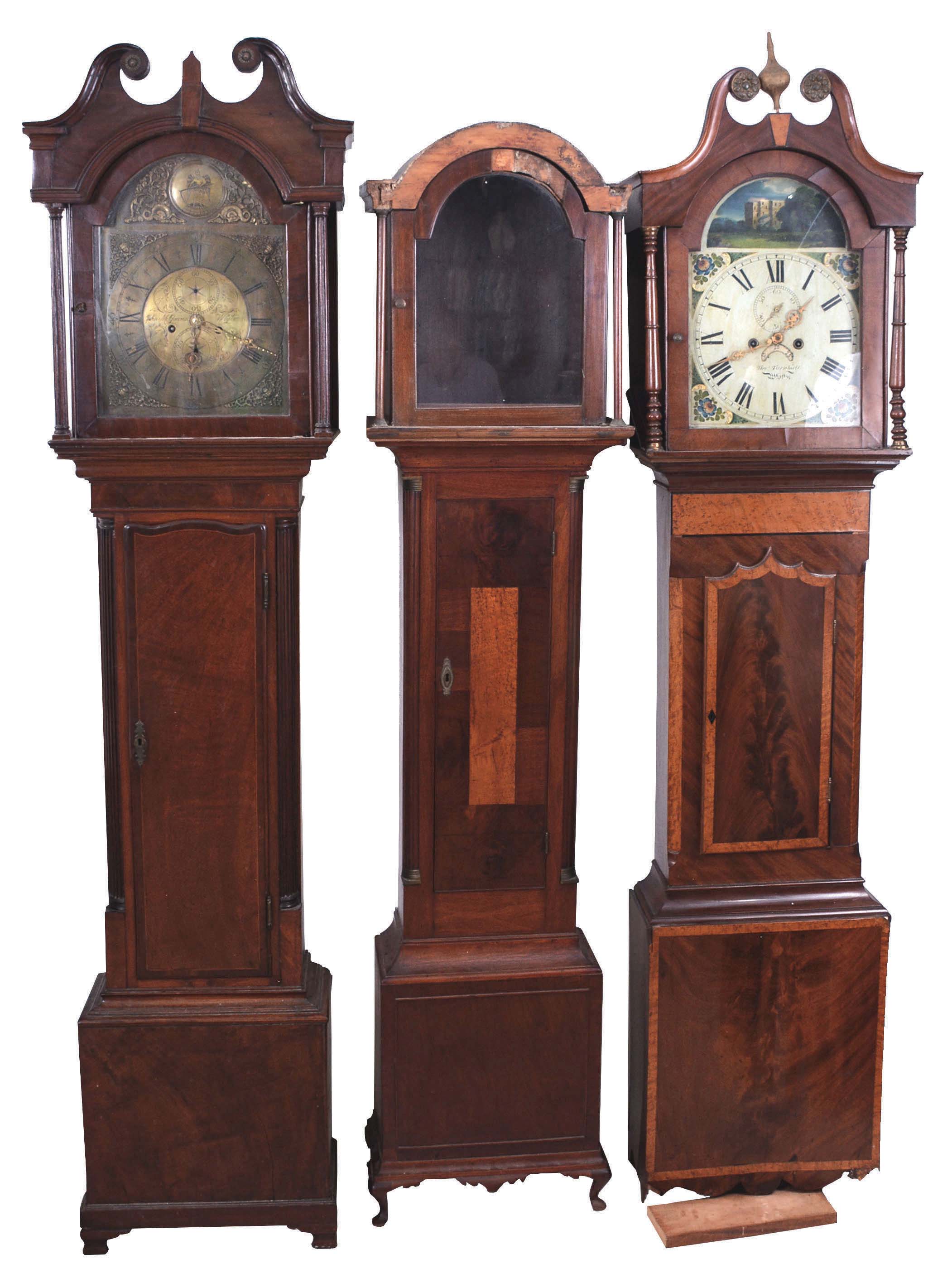 Tall Clocks- 2 (Two) period English and a case only, all in mahogany and mahogany veneer: (1) John McGowan, Wigtown with silvered brass dial, circa 1780; (2) T. Turnbull with metal painted dial, circa 1820; (3) case only with parts — Antique Clocks Price Guide