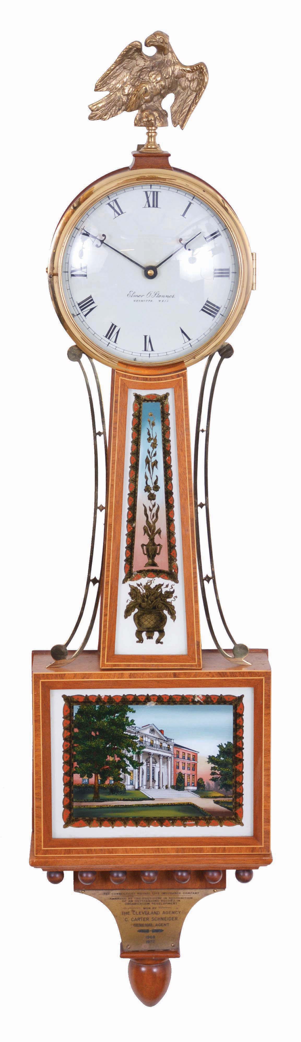 Elmer O. Stennes, Weymouth, Mass., Presentation banjo wall timepiece. This item must have been special ordered from Stennes as it has no hole in the dial for a weight driven movement, but was apparently originally fitted a c1970 battery driven electric movement. — Antique Clocks Price Guide