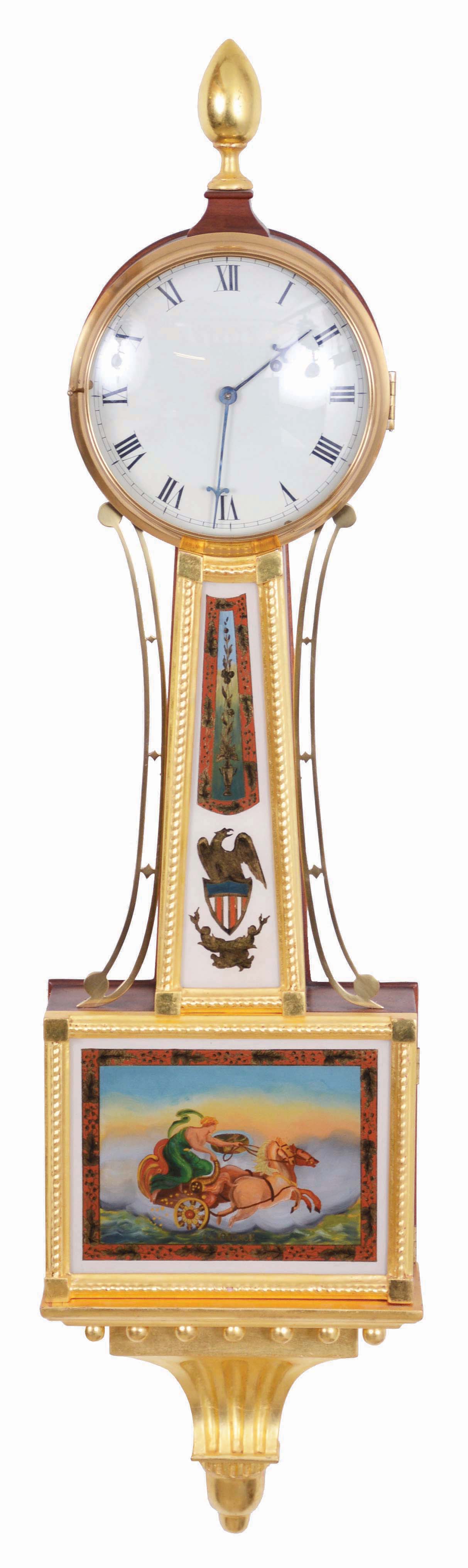 R.L. Turner, Haverhill, Mass., 8 day, weight brass movement gold front Patent or banjo timepiece. — Antique Clocks Price Guide