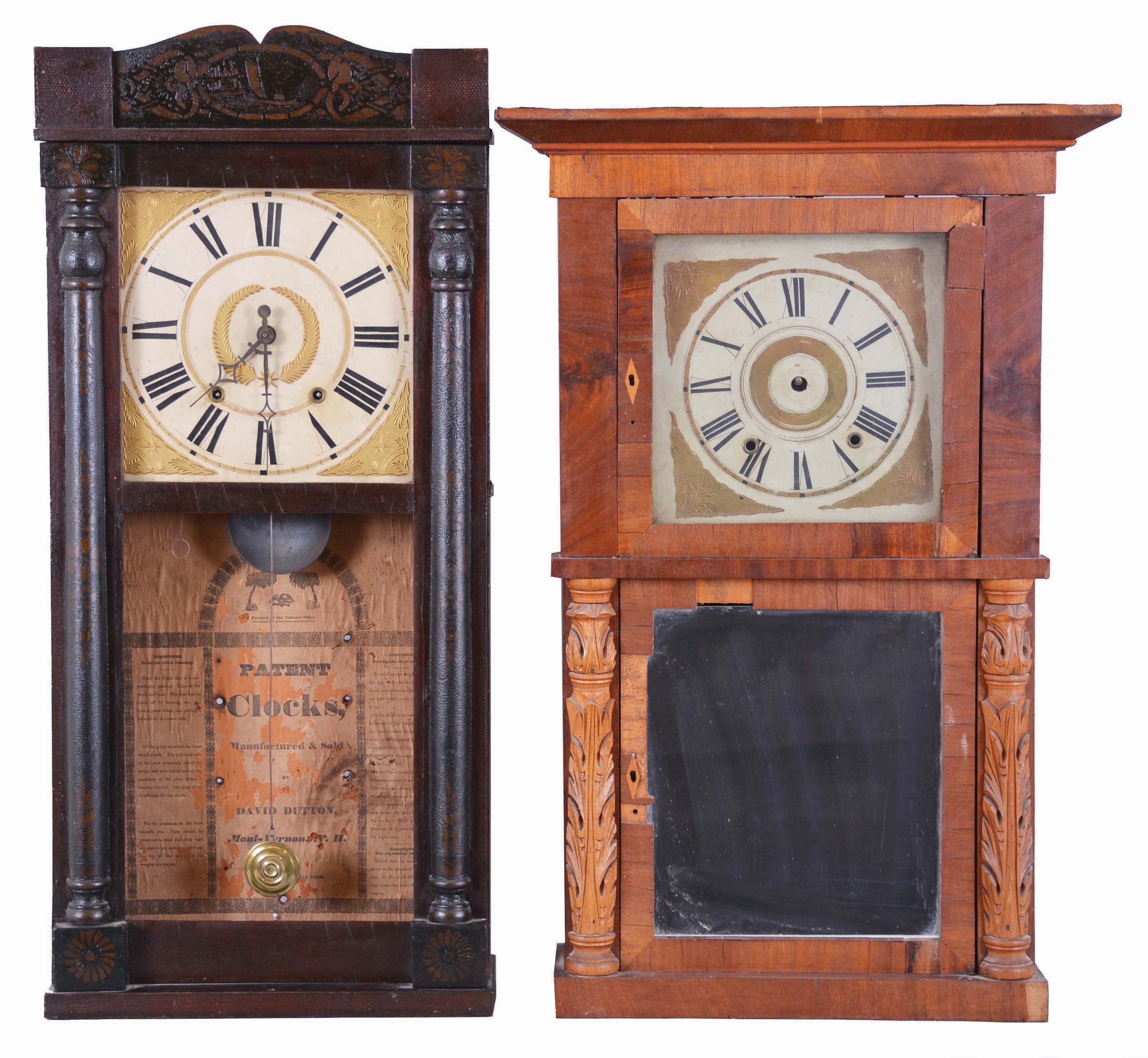 Clocks- 4 (Four): (1) E. W. Adams, Seneca Falls, New York, 30 hour, time and strike, weight wood movement carved column and cornice top shelf clock, c1835; (2) David Dutton, Mount Vernon, New Hampshire, 30 hour, time and strike, weight wood movement half column &amp; splat shelf clock, c1830 (3) Pratt &amp; Frost, Reading, Mass., 30 hour, time and strike, weight wood movement half column &amp; splat shelf clock, c1830 (4) Julius Peck &amp; Co., Litchfield, Conn., 30 hour, time and strike, weight wood movement half column &amp; splat shelf clock, c1835 — Antique Clocks Price Guide