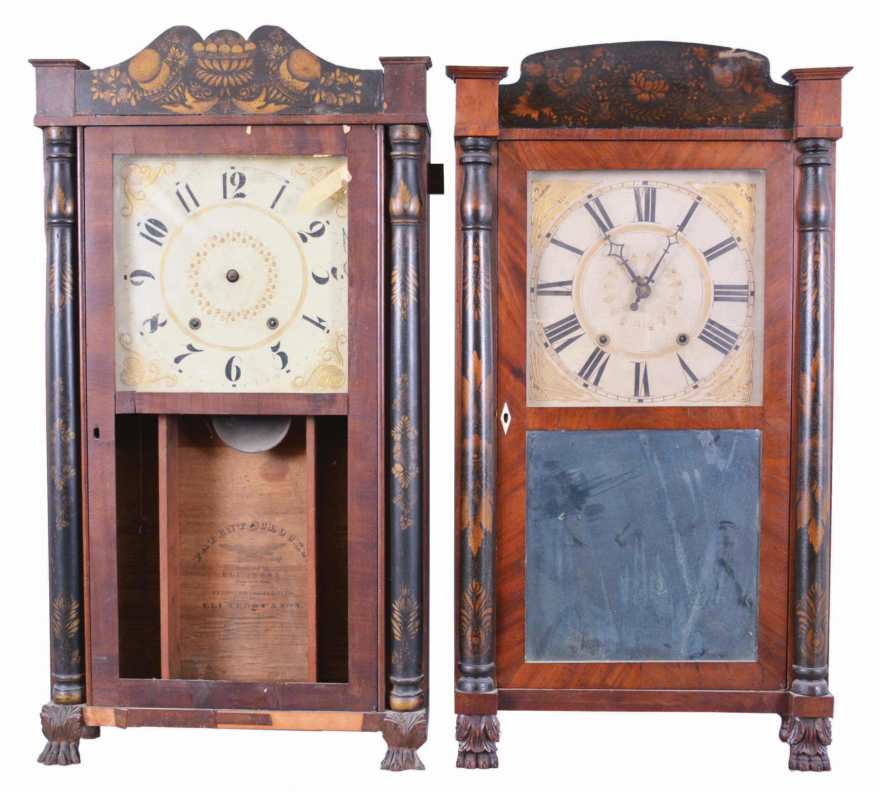 Clocks- 4 (Four): (1) Eli Terry &amp; Son, Plymouth, Conn. 30 hour, time and strike, weight wood movement half column &amp; splat shelf clock, c1830; (2) Riley Whiting, Winchester, Conn., 30 hour, time and strike, weight wood movement half column &amp; splat shelf clock.c1830 (3) Williams Orten, Prestons &amp; Co., Farmington, Conn., 8 day, time and strike, weight brass movement column and cornice shelf clock, c1840 (4) Jerome's &amp; Darrow, Bristol, Conn., 8 day, time and strike, weight wood movement half column &amp; splat shelf clock, c1830 — Antique Clocks Price Guide