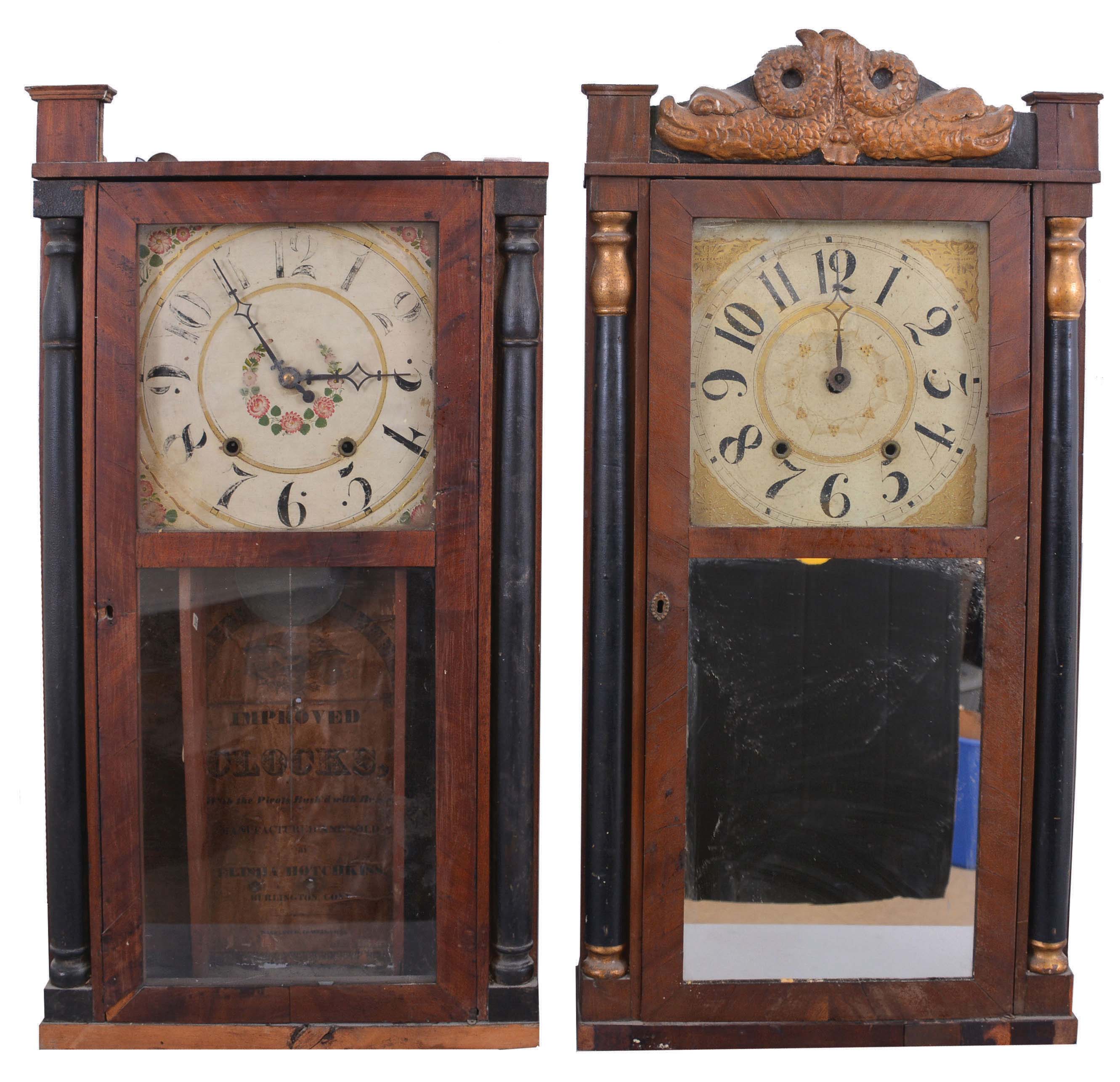 Clocks- 4 (Four): (1) Riley Whiting, Winchester, Conn., half column shelf clock with a weight driven 30 hour time and strike wooden works movement in a mahogany veneered case, c1835; (2) C. &amp; L. C. Ives, Bristol, Conn full column and eagle splat shelf clock with a weight driven, 8 day, time and strike riveted strap brass movement in a mahogany veneered Empire two decker case with tiger maple columns and trim and carved eagle splat, c1835; (3) Elisha Hotchkiss, Burlington, Conn., half column and splat shelf clock with a weight driven 30 hour time and strike wooden works movement in a mahogany veneered case, c1834. (4) Williams, Orton, Preston's &amp; Co., Farmington, Conn., half column and splat shelf clock with a weight driven 30 hour time and strike movement in a mahogany veneered case, c1838. — Antique Clocks Price Guide
