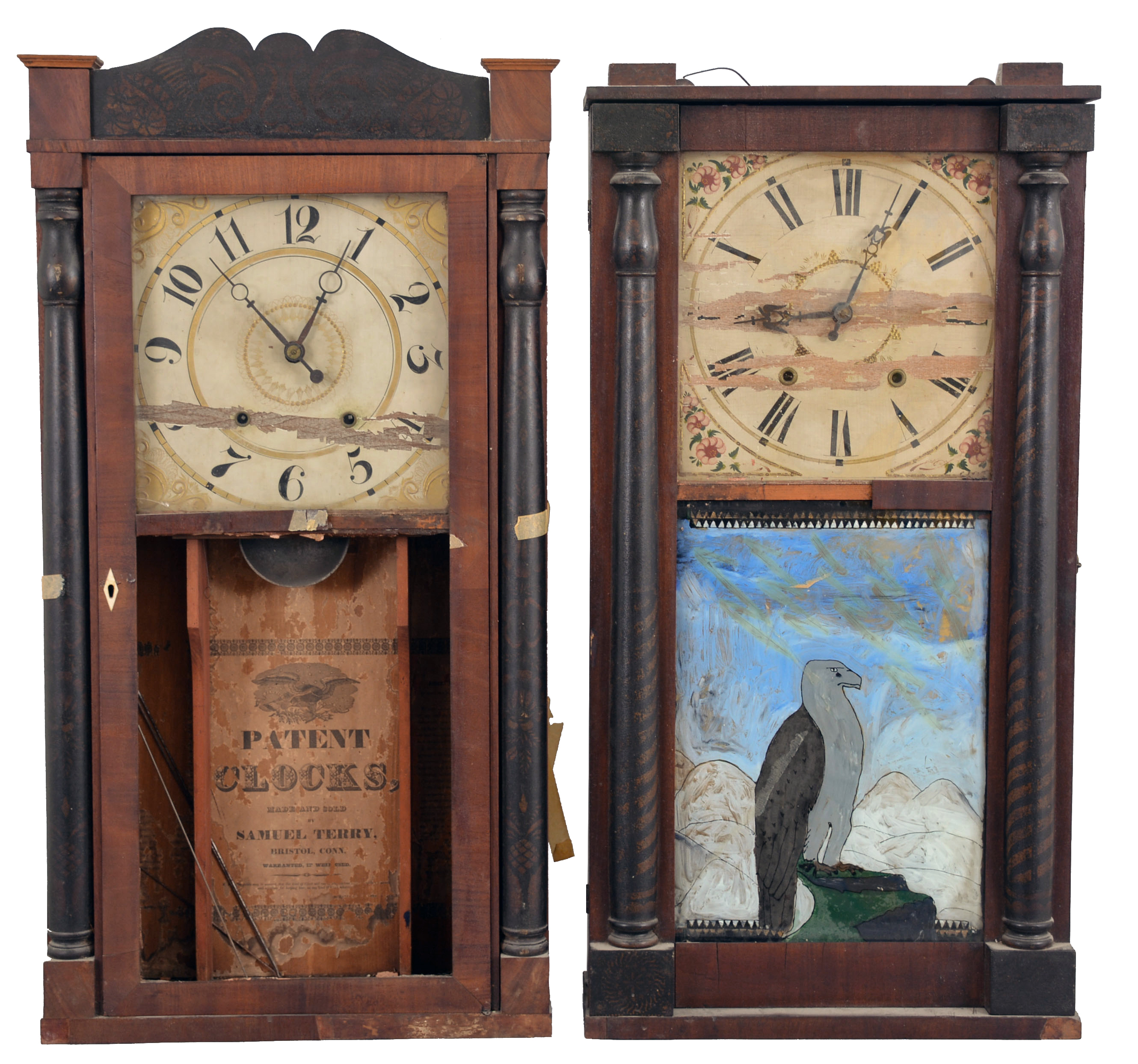 Clocks- 5 (Five): (1) Samuel Terry, Bristol, Conn., 30 hour, time and strike, weight wood movement half column &amp; splat shelf clock, c1830; (2) David Dutton, Mount Vernon, New Hampshire, 30 hour, time and strike, weight wood movement quarter column &amp; splat shelf clock, c1830 (3) Silas Hoadley, Plymouth, Conn., 30 hour, time, strike and alarm weight wood movement half column &amp; splat shelf clock, c1830 (4) E.&amp; G. W. Bartholomew, Bristol, Conn., 30 hour, time and strike, weight wood movement half column &amp; splat shelf clock, c1830 (5) Elisha Hotchkiss, Burlington, Conn., 30 hour, time and strike, weight wood movement short pendulum turned column &amp; splat shelf clock, c1832. — Antique Clocks Price Guide