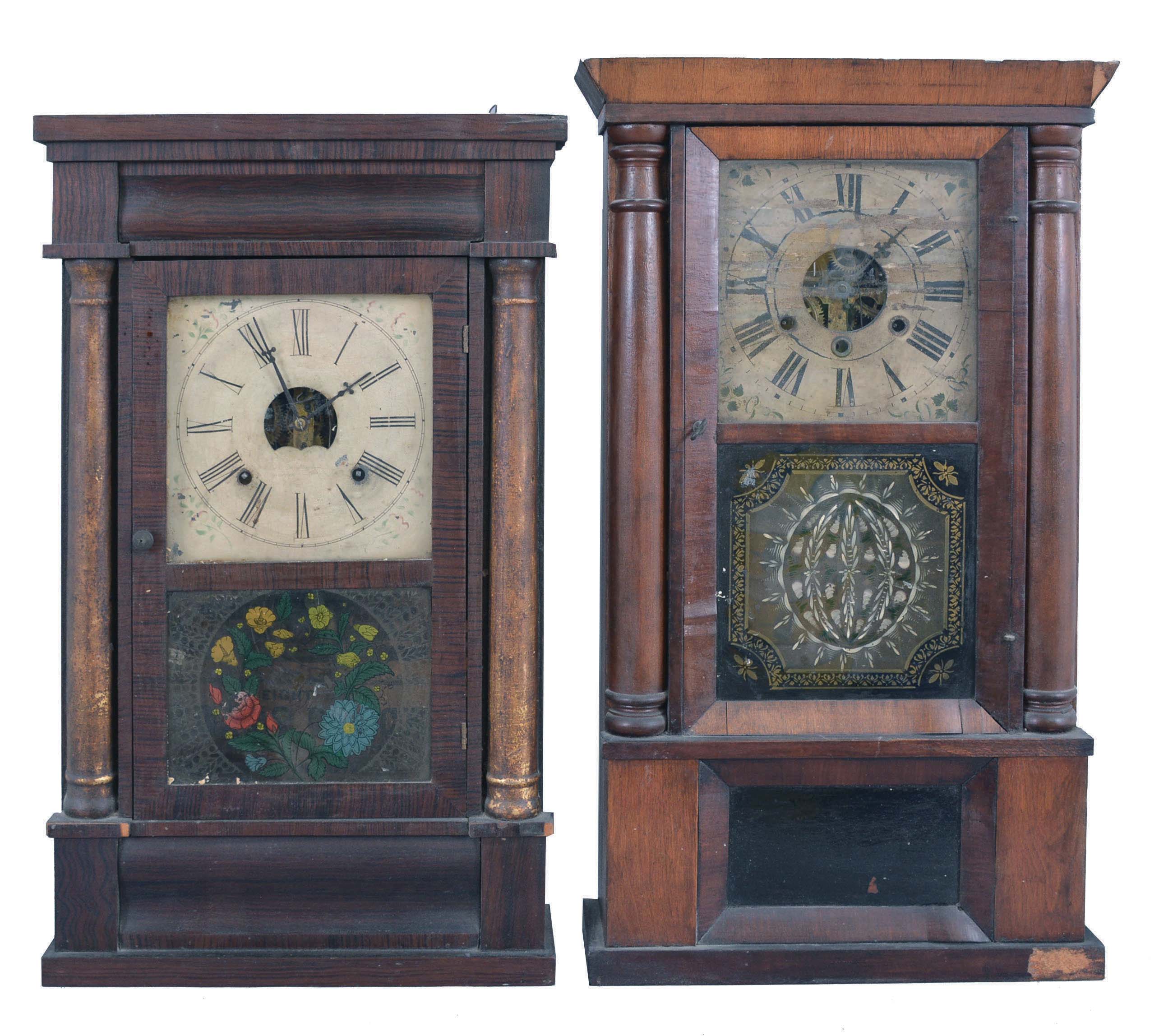 Clocks- 3 (Three): (1) Unknown, 30 hour, time, strike and alarm weight wood movement OG side shelf clock, c1830; (2) Barton, Brothers &amp; Co.., New Haven, Conn., 30 hour, time, strike and alarm weight brass movement column &amp; cornice shelf clock, c1855 (3) J. C. Brown, Bristol, Conn., 8 day, time and strike, spring brass movement column &amp; OG top shelf clock, c1850 — Antique Clocks Price Guide