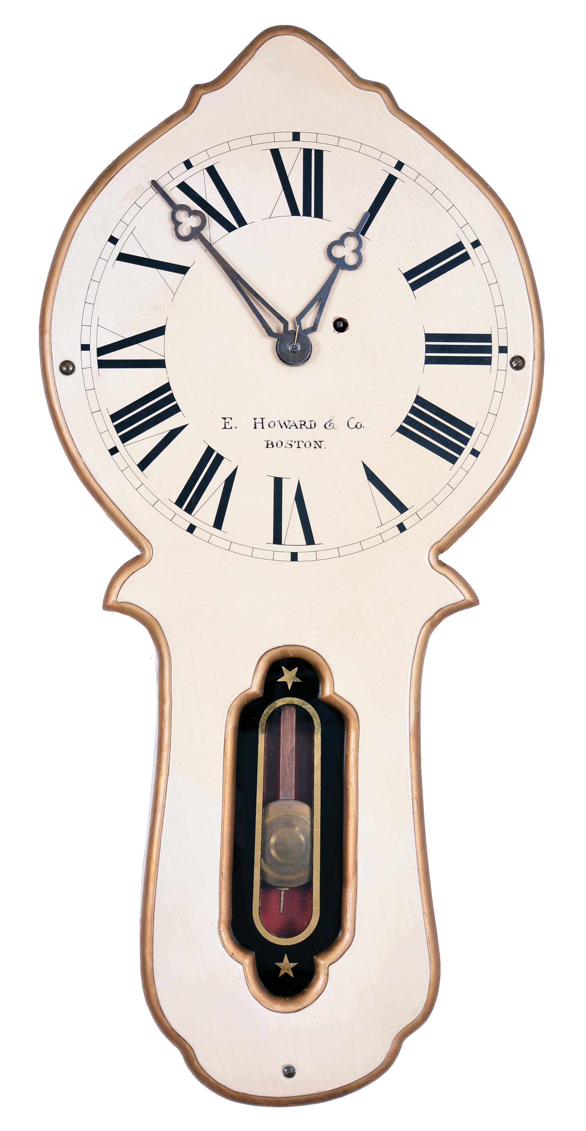 E. Howard &amp; Co., Boston, Mass., "No. 28 Marble Dial" wall clock, with applied front panel including the 12-inch roman numeral dial signed "E. Howard &amp; Co. Boston" and lower glazed section with black and gold leaf decoration, tri-foil steel hands, original white painted case housing the eight day brass movement stamped "E. Howard &amp; Co./Boston/28" with recoil escapement, regulation from case top, evidence of Geneva stop, lead counter weight on intermediate wheel, iron weight cast "59", wooden pendulum rod and brass-faced bob. — Antique Clocks Price Guide