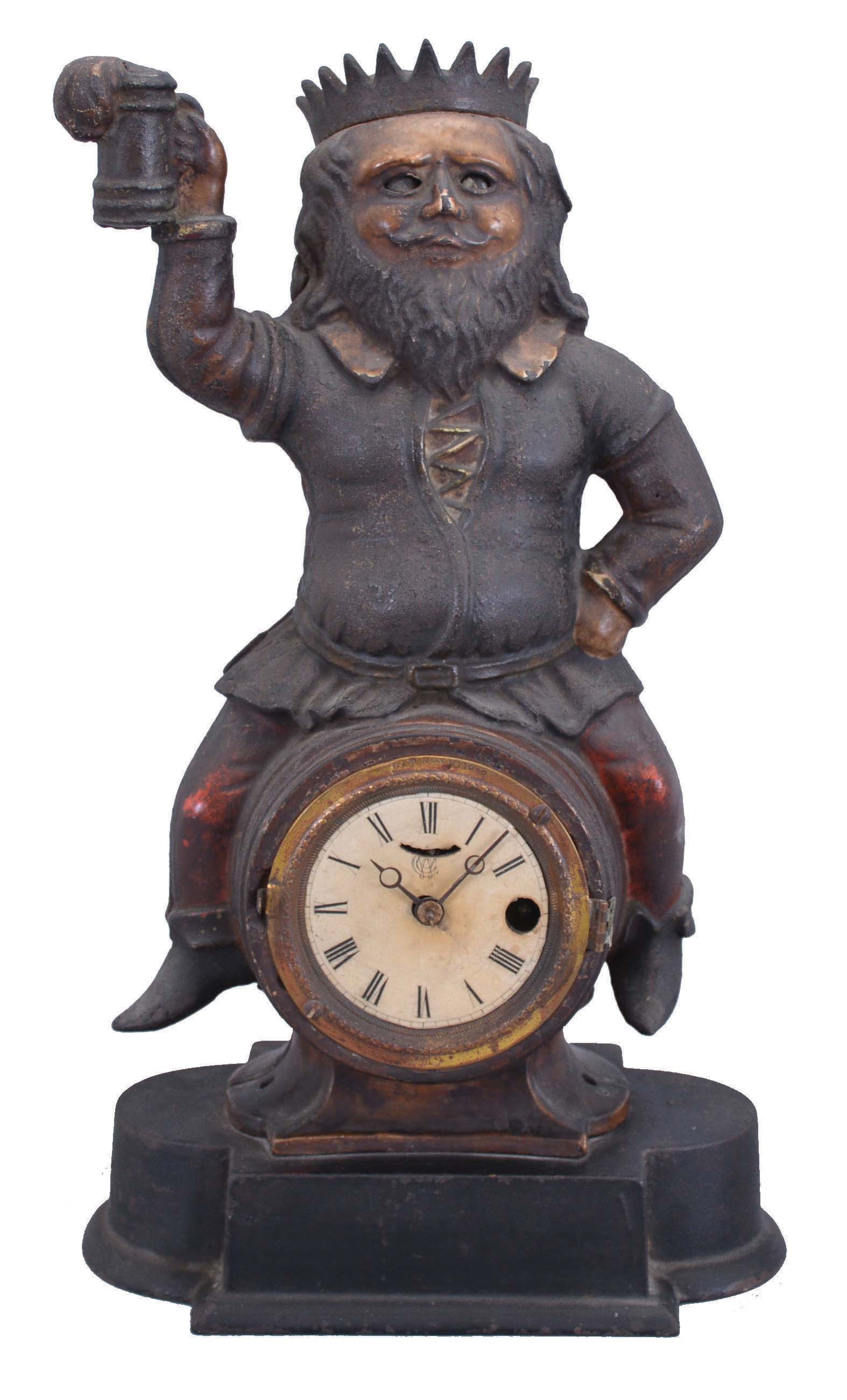 Gambrinus "King of Beer" blinker, case by Bradley &amp; Hubbard, Meriden, Conn. (pat 1859), Blinking Eye movement by Waterbury, in original paint (with wear) and with crown intact, 30 hour novelty, paper dial with Waterbury logo. — Antique Clocks Price Guide